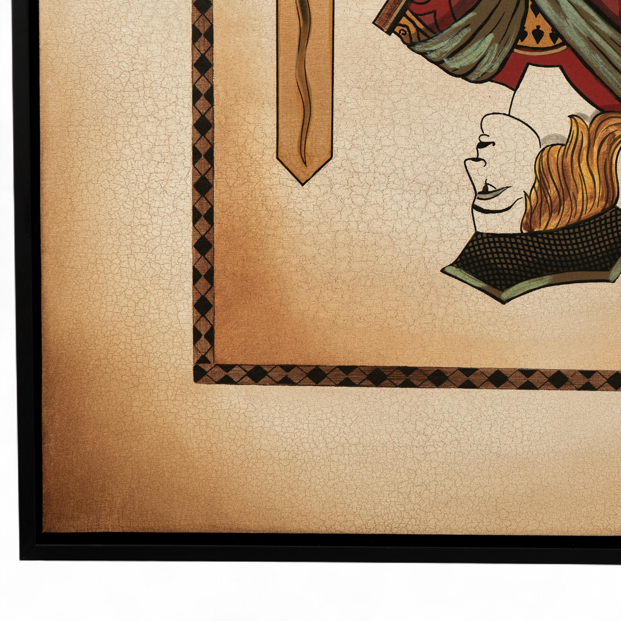 Paire d'impressions giclées sur toile de cartes de jeu Roi et Reine aux couleurs et à l'image emblématiques, exécutées selon une technique réaliste avec un vieillissement artificiel et présentées dans de chics cadres en bois ébonisé. Signé