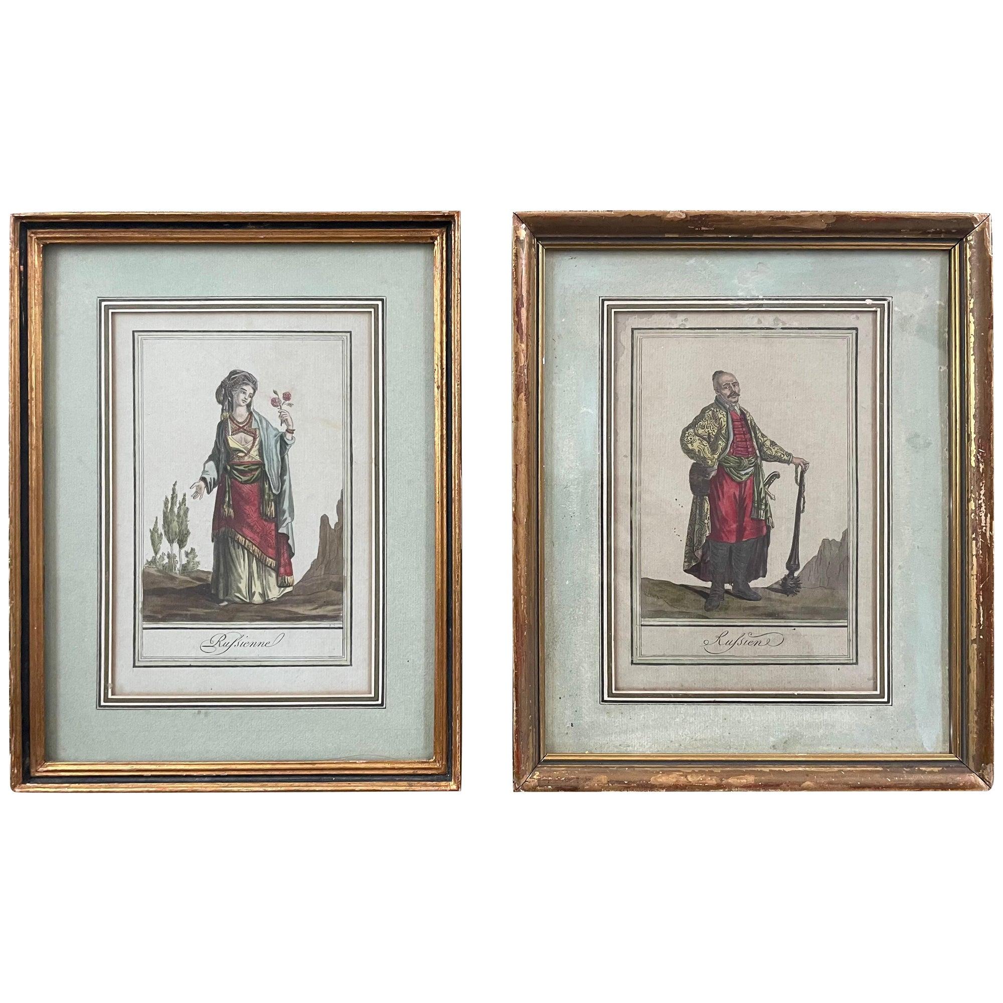 Paire de portraits russes en habits du 18e siècle - Print de Unknown