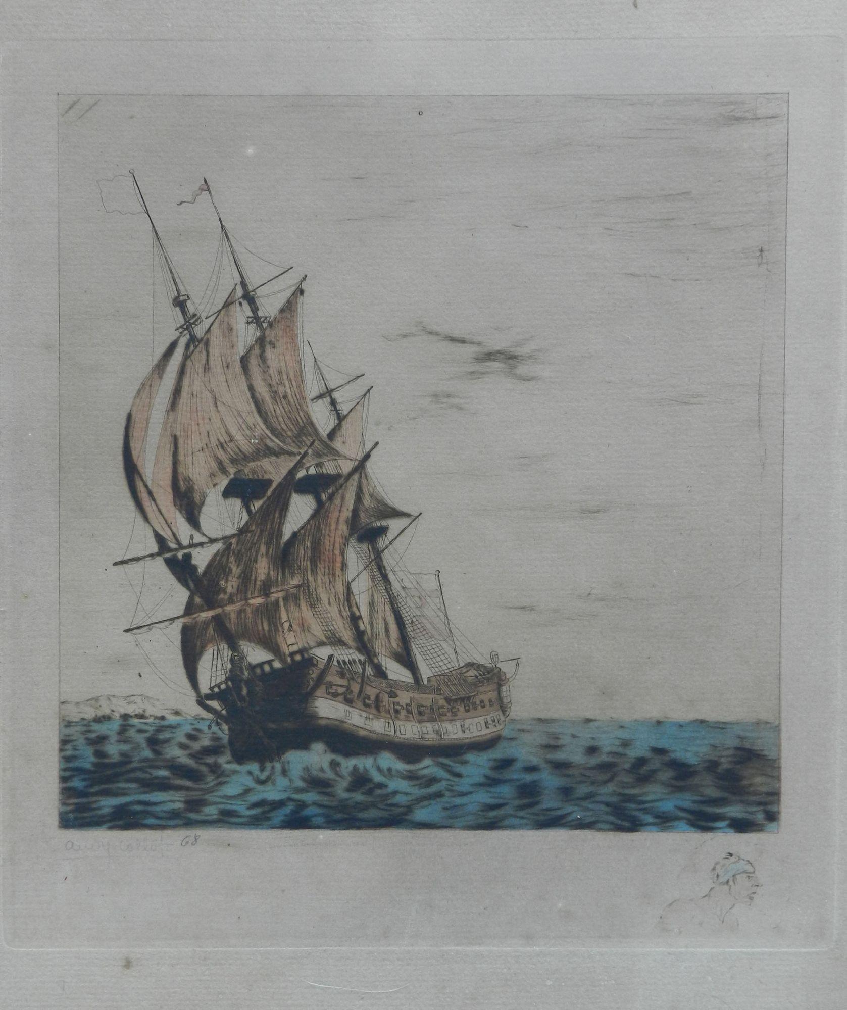 Paar Schiffsgravuren, von der Künstlerin signiert, frühes 20. Jahrhundert im Angebot 6