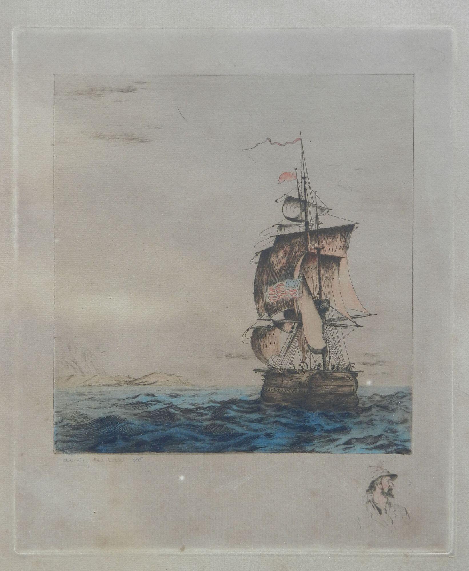 Paar Schiffsgravuren, von der Künstlerin signiert, frühes 20. Jahrhundert – Print von Unknown