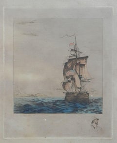 Pair Ships Gravures Etching Signed by Artist Early 20th Century