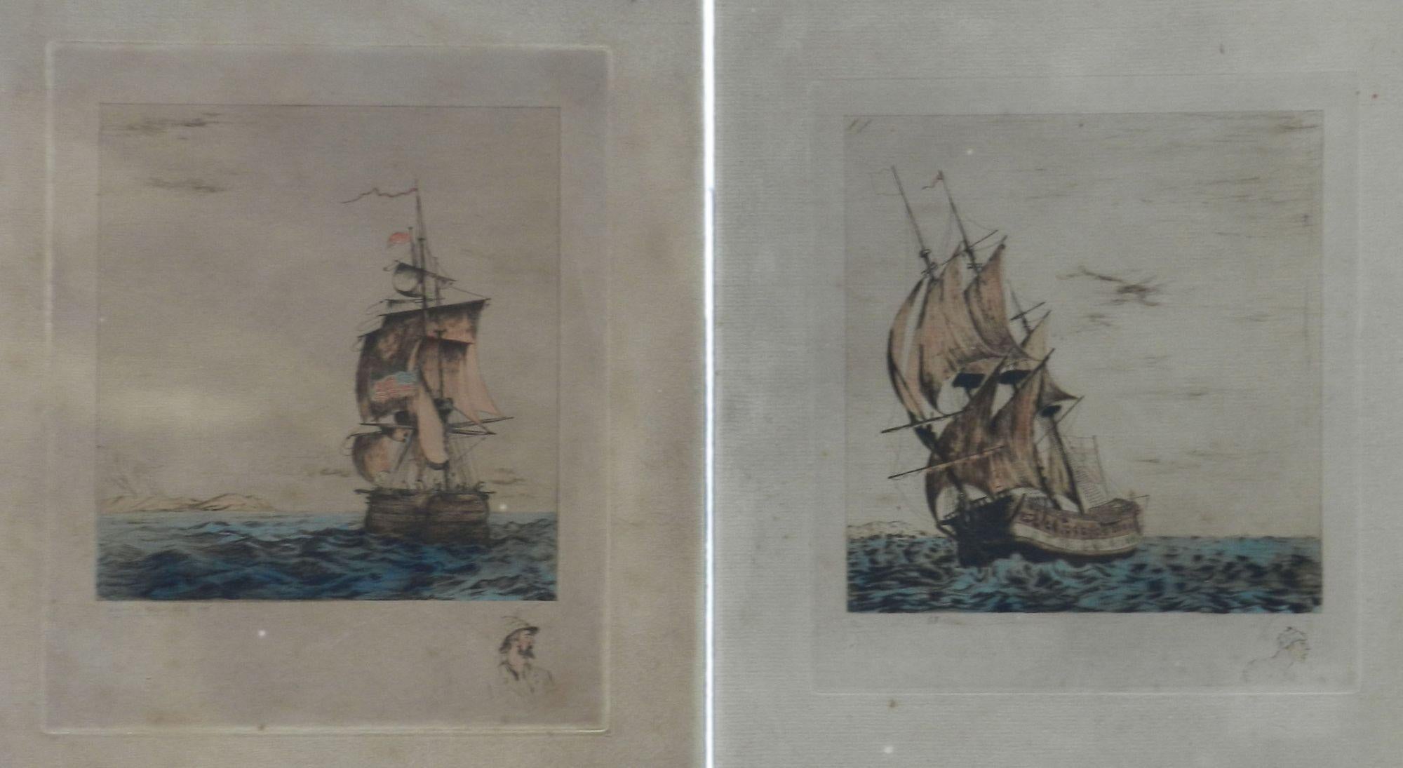 Unknown Landscape Print - Pair Ships Gravures Etching Signed by Artist Early 20th Century