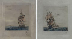 Antique Pair Ships Gravures Etching Signed by Artist Early 20th Century