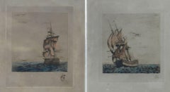 Pair Ships Gravures Etching Signed by Artist Early 20th Century