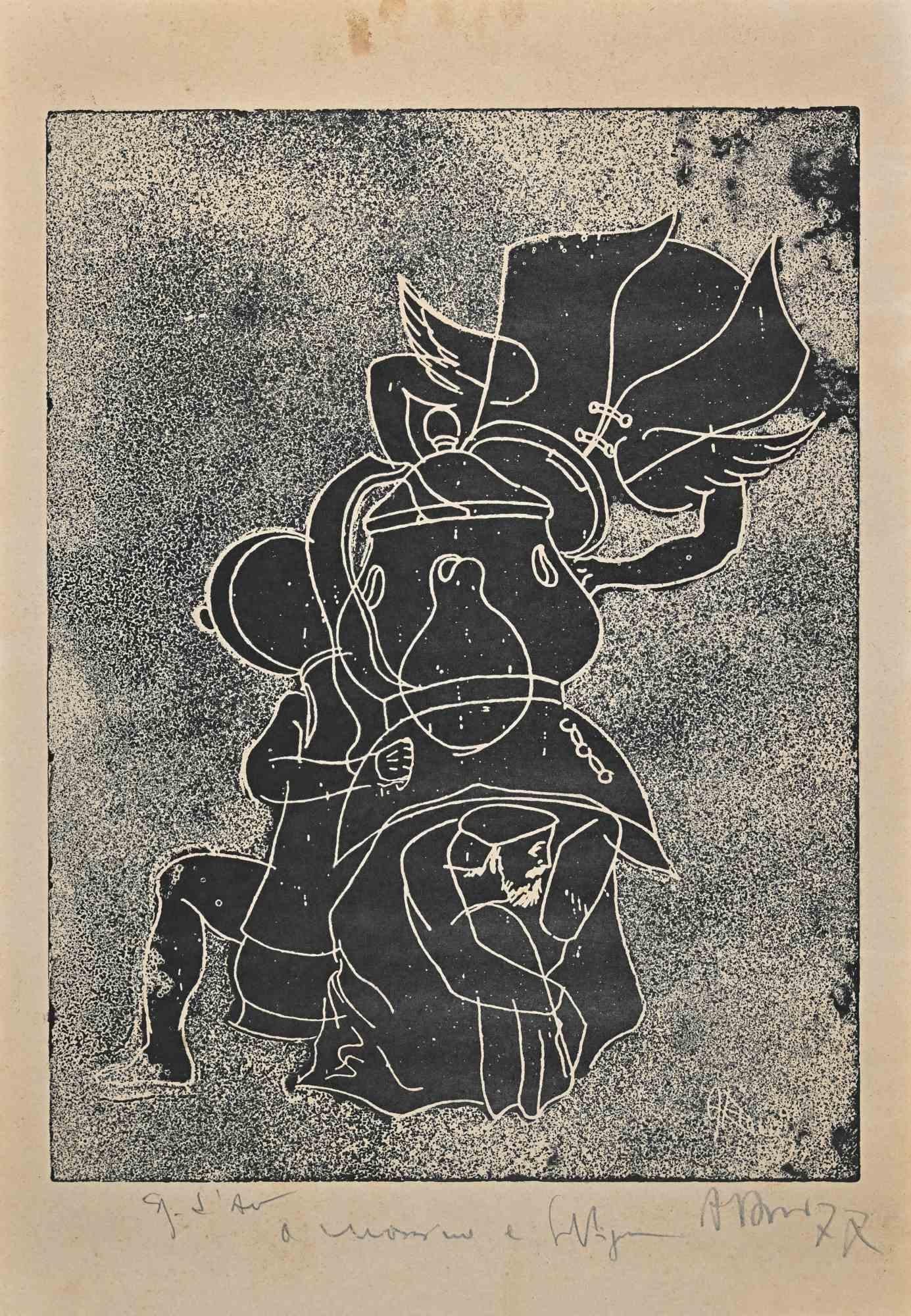 Unknown Figurative Print – Pandora''s Vase – Holzschnitt  - 1977