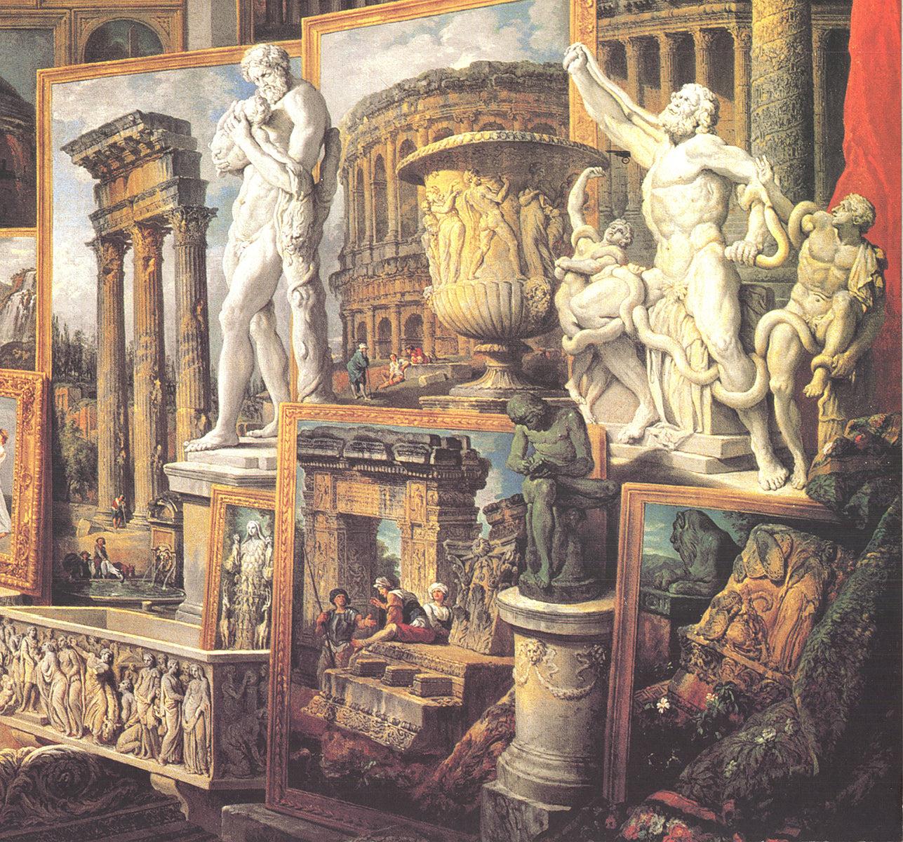 Questa stampa italiana, edita da Nuova Arti Grafiche Ricordi e stampata in Italia, presenta Galleria Con Vedute Di Roma Antica del celebre artista del XVIII secolo Paolo Pannini. Conosciuto per i suoi magistrali capricci - composizioni