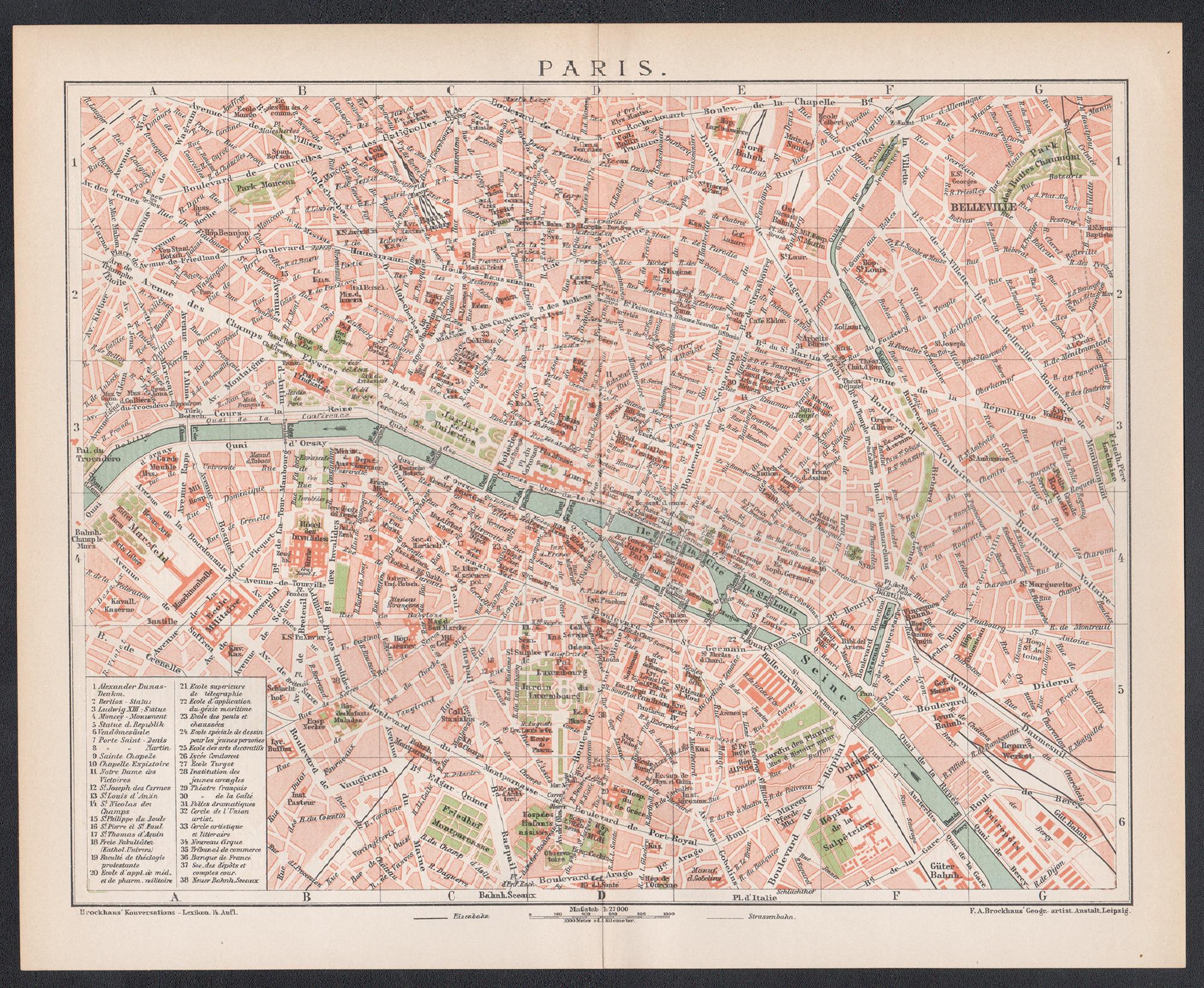 Paris, Frankreich. Antike Karte Stadtplan Chromolithographie, um 1895 – Print von Unknown