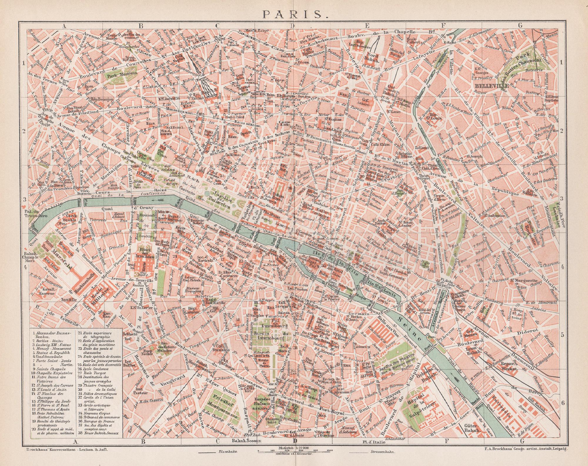 Paris, Frankreich. Antike Karte Stadtplan Chromolithographie, um 1895