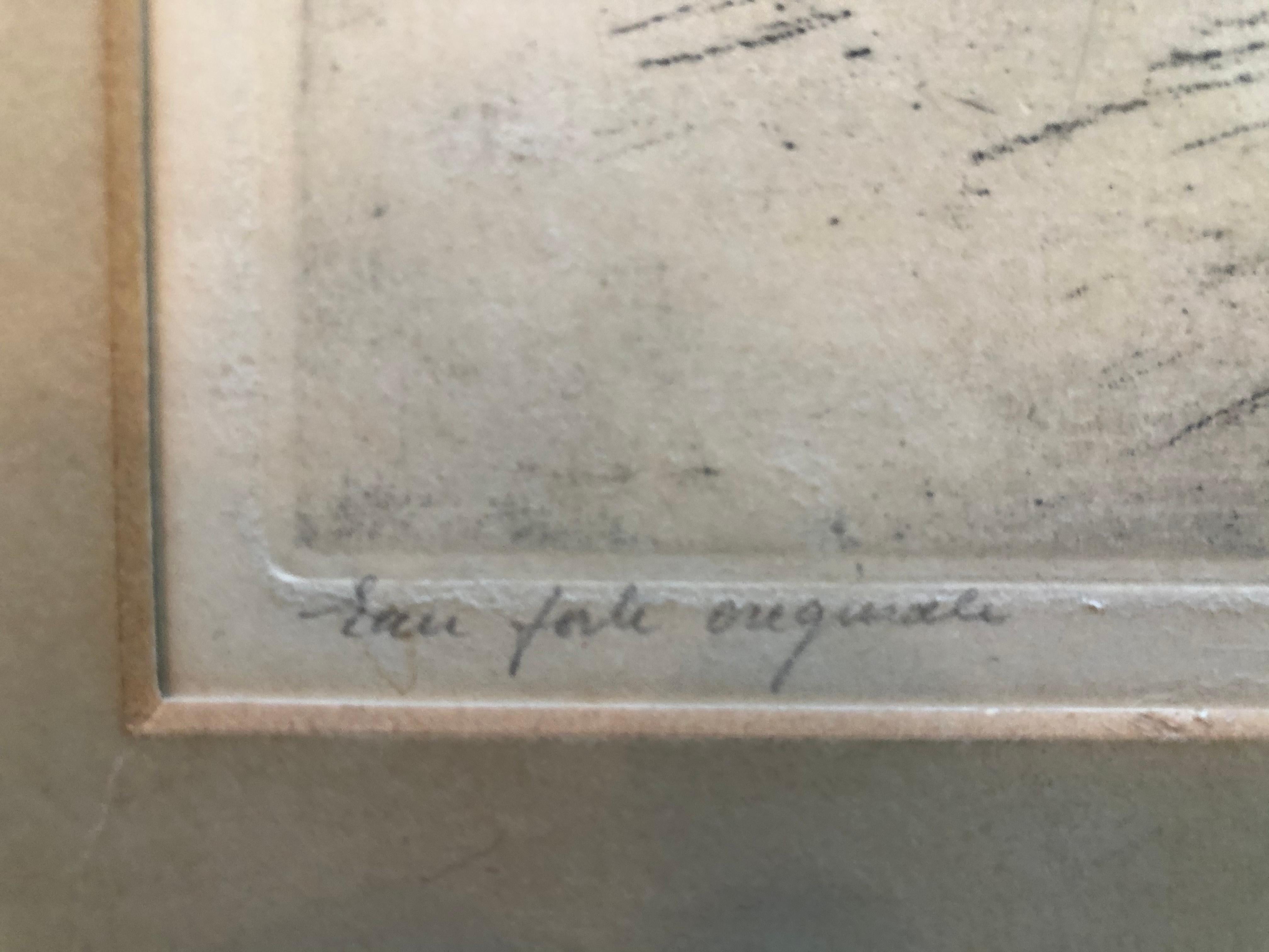 Charmante kleine Radierung mit Bleistift signiert, aber ich kann es nicht erkennen. Ein Franzose sieht wahrscheinlich einen Park in Paris mit spielenden Kindern. Das Bild selbst ist 9 3/4 Zoll breit und 7 3/4 Zoll hoch. Das Papier ist 13 1/4 Zoll