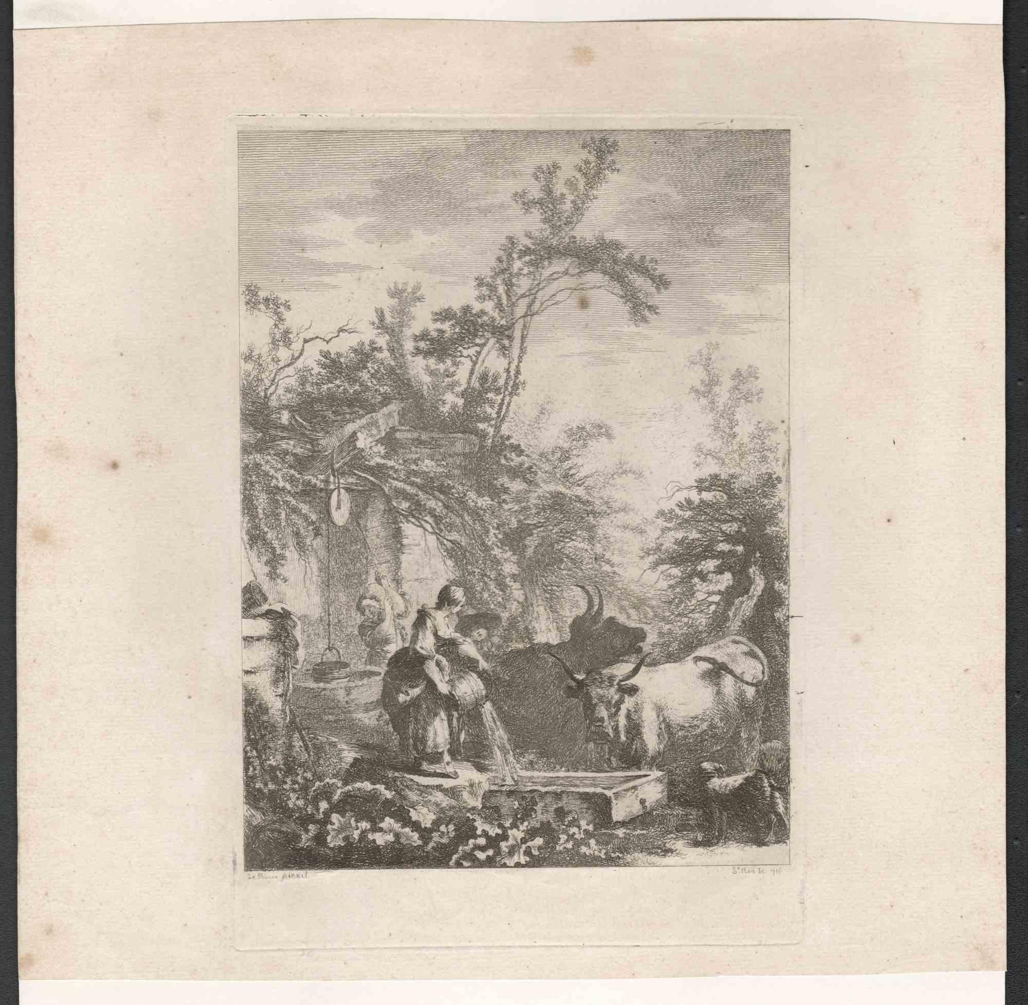 Unknown Figurative Print – Pastoralische Szene - Original-Radierung - 18. Jahrhundert