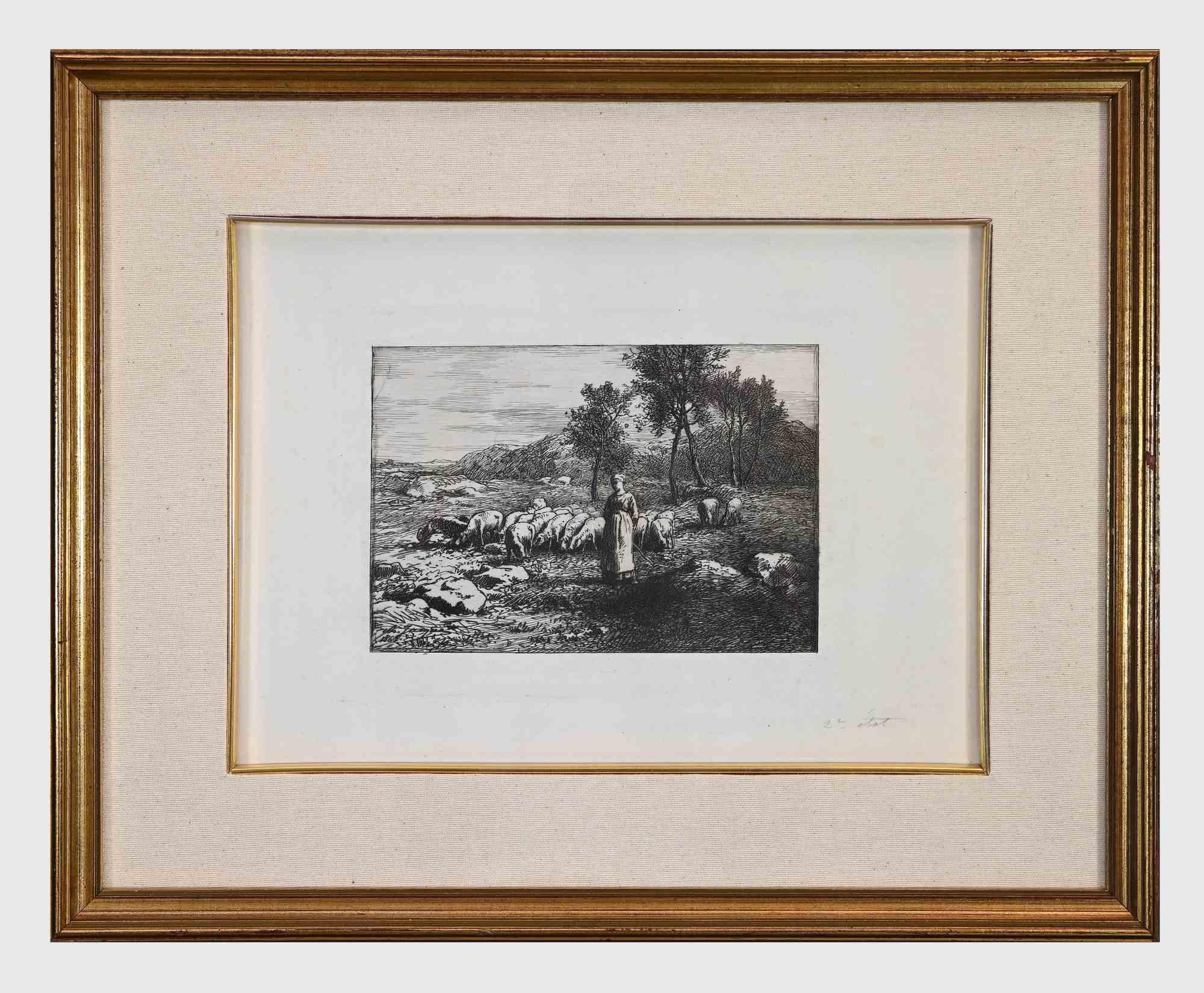 Unknown Figurative Print - Pasture - Original Etching - 1868