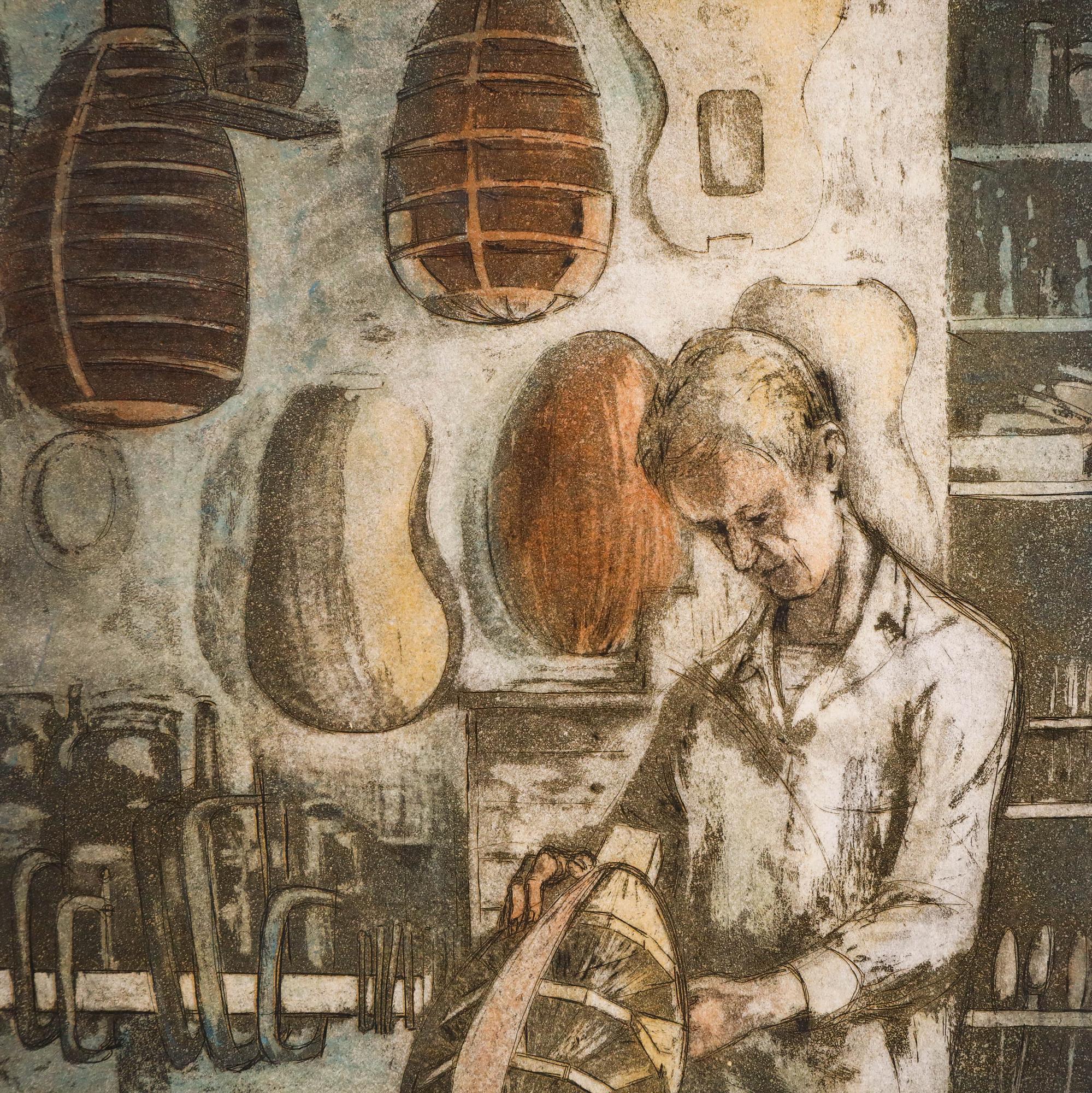 A characterful etching with aquatint by the artist Pat Mallinson (1930-2008) depicting luthier Christopher Challen in his workshop. Signed and titled to the lower margin. Artist's proof. On paper.