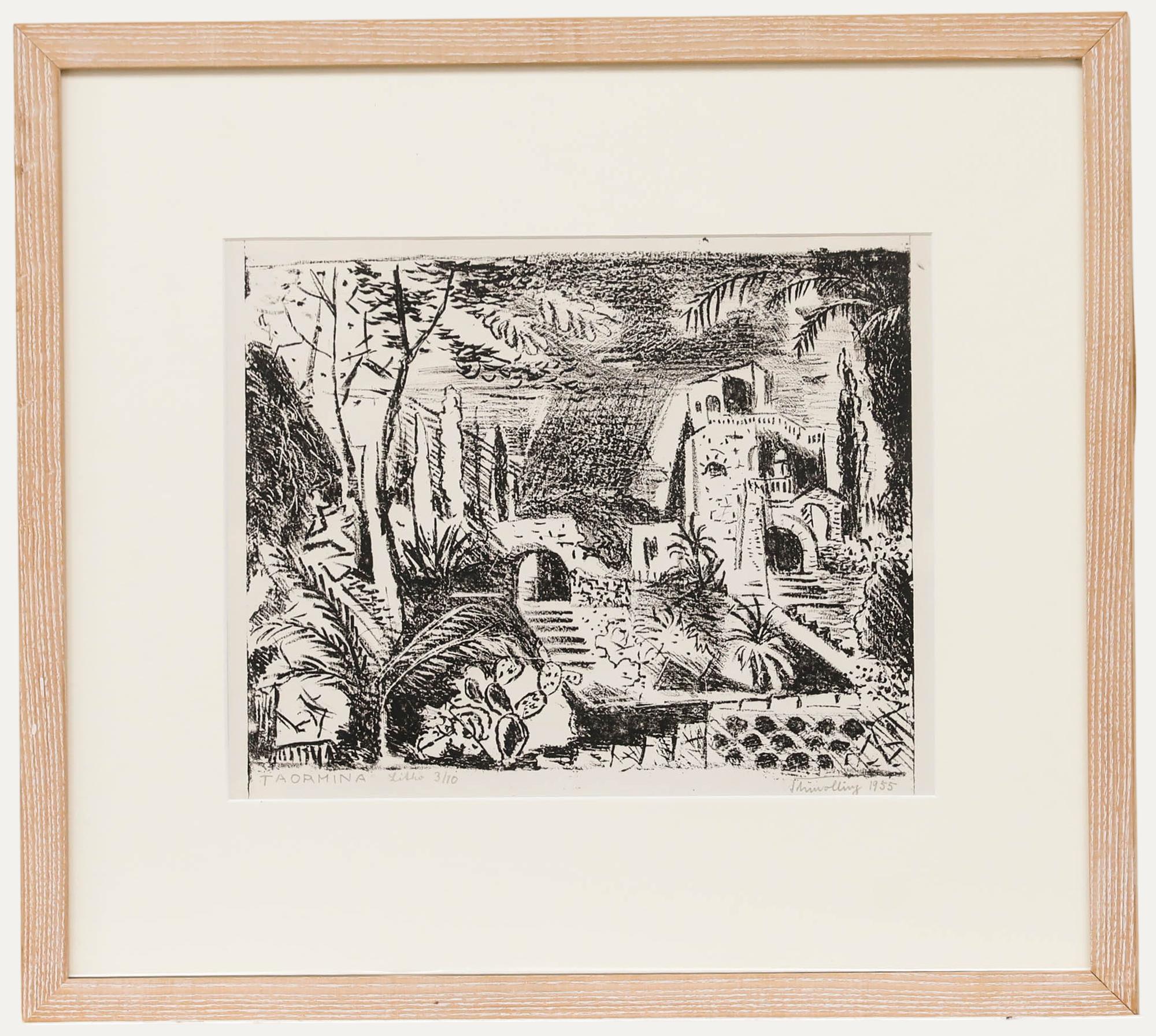 Landscape Print Unknown - Paul Schmolling (1892-1965) - Lithographie encadrée du milieu du XXe siècle, Taormina