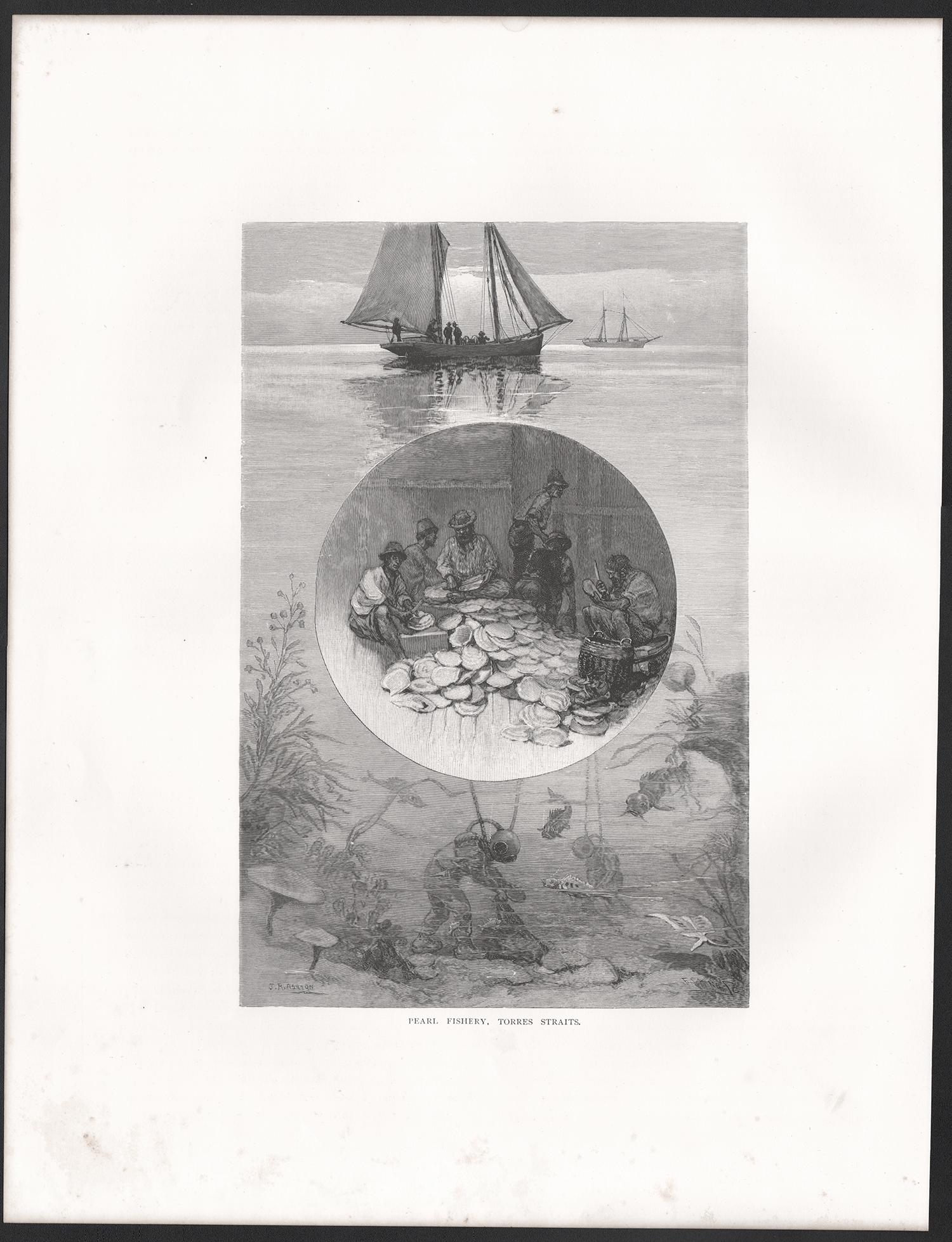 Fisherie à la perle, Torres Straits, gravure sur bois de plongée ancienne des années 1880 - Print de Unknown