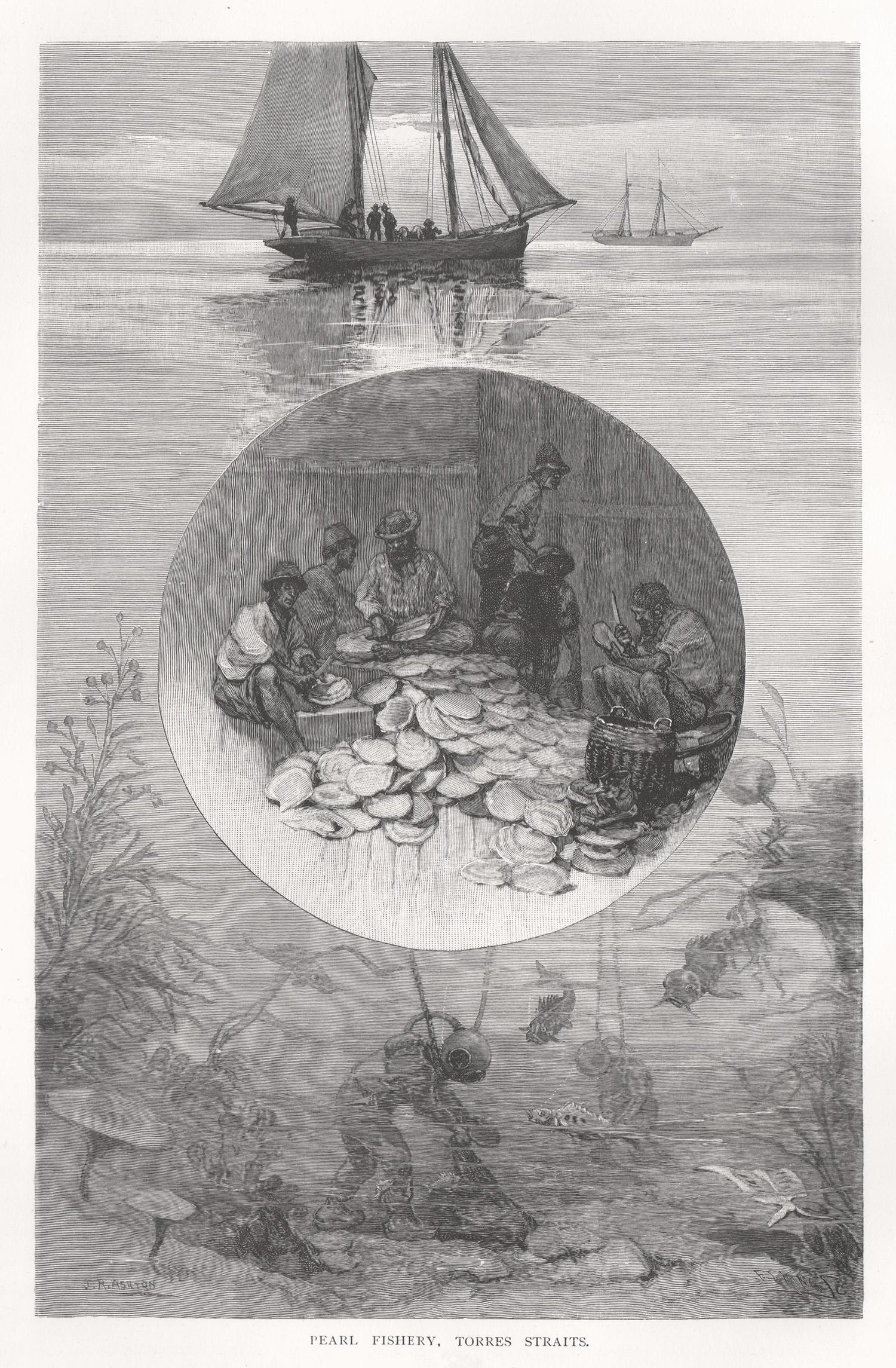 Perlenfischerei, Torres Straits, antiker Schneckenholzstich aus den 1880er Jahren