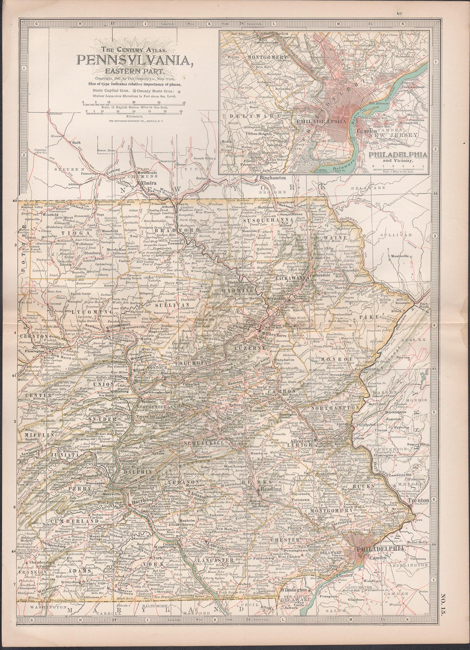 Pennsylvania, parte orientale. USA. Atlante di stato Century Atlas antica mappa d'epoca - Print di Unknown