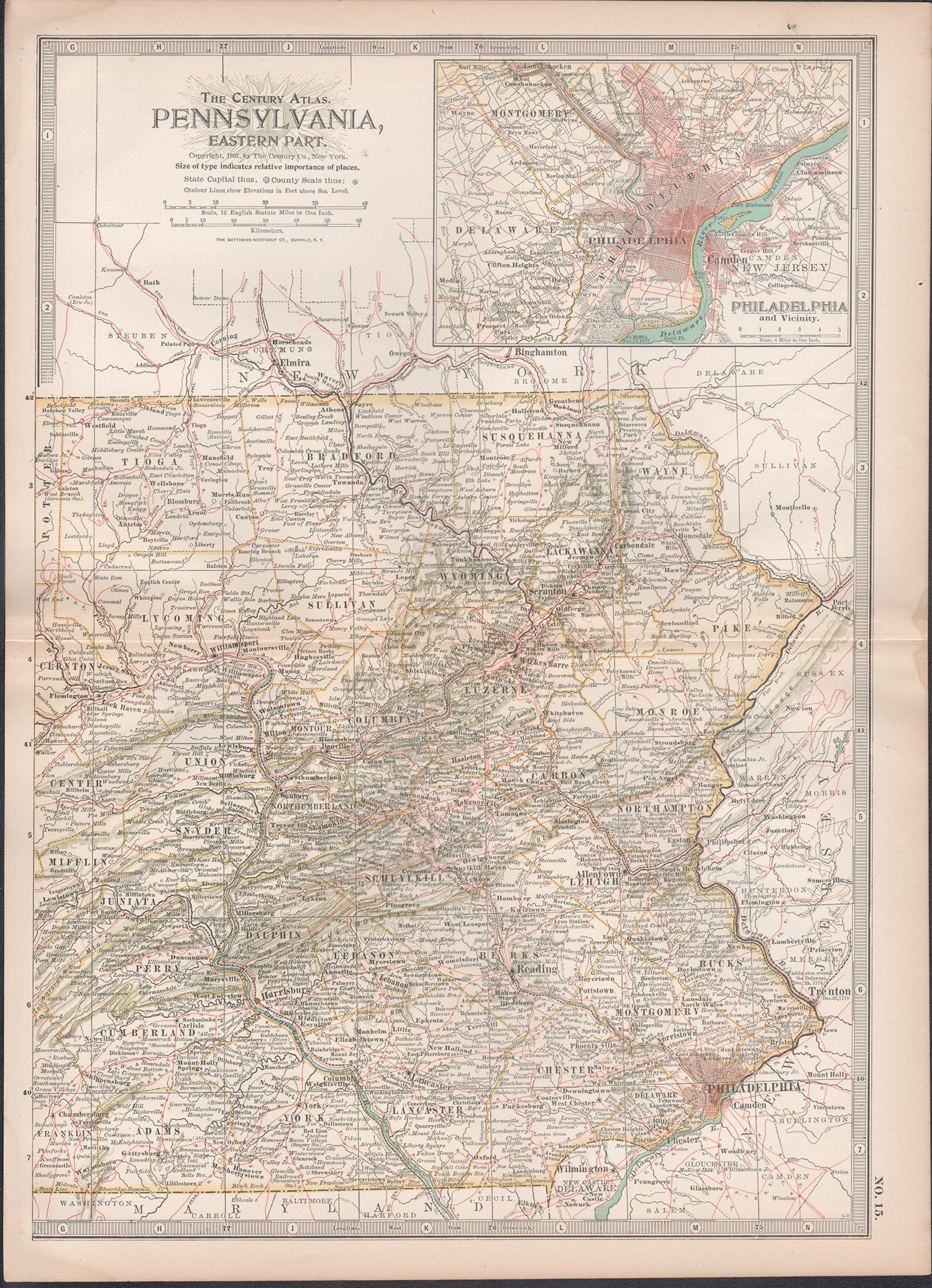 Pennsylvania, östlicher Teil. USA. Atlas-Statue antike Landkarte aus dem Jahrhundert – Print von Unknown