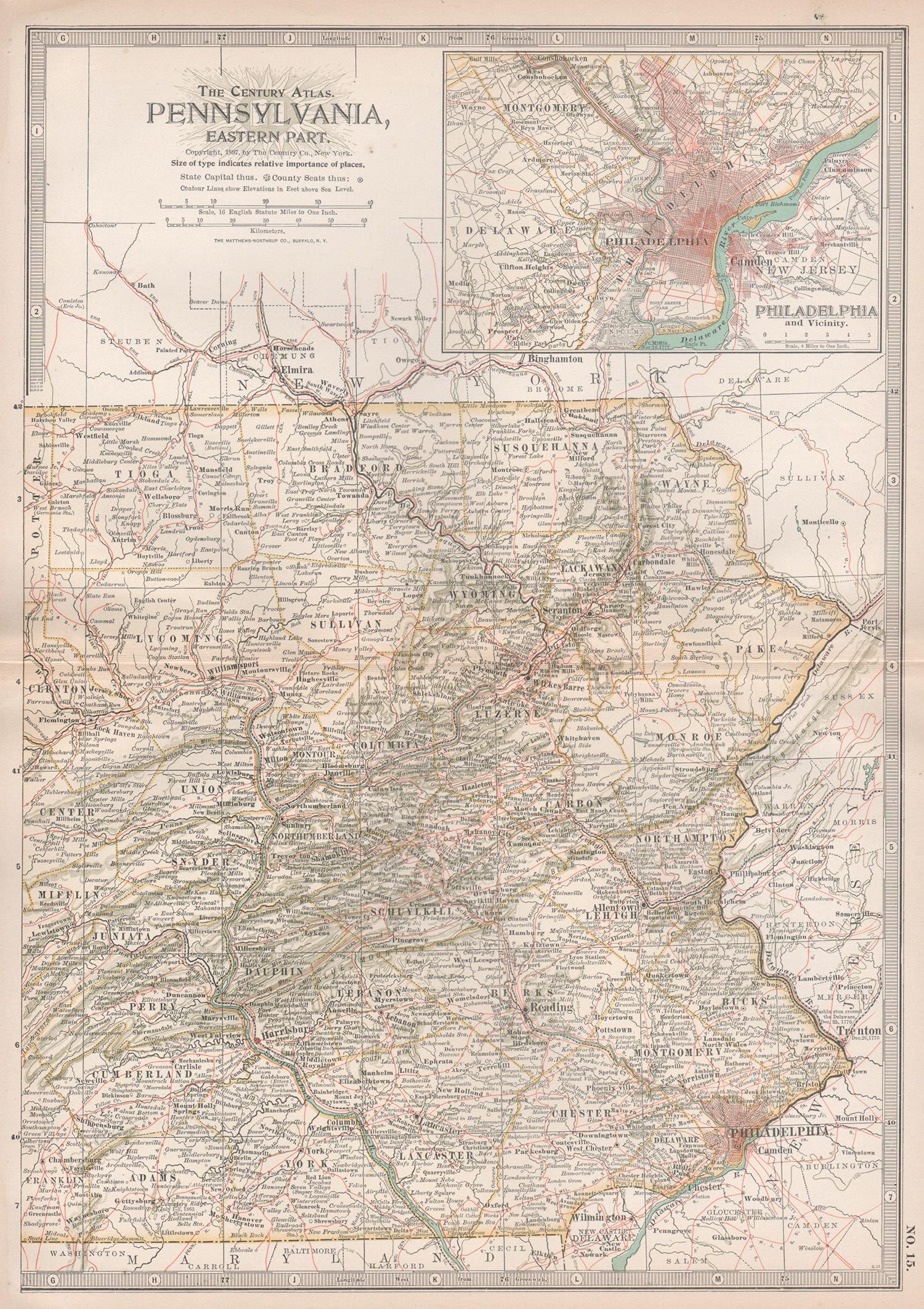 Print di Unknown - Pennsylvania, parte orientale. USA. Atlante di stato Century Atlas antica mappa d'epoca