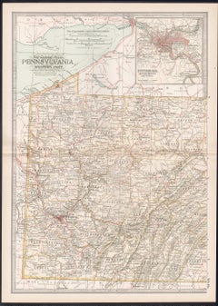 Pennsylvania, westlicher Teil. Atlas-Statue antike Vintage-Karte der USA