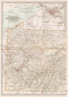 Pennsylvania, westlicher Teil. Atlas-Statue antike Vintage-Karte der USA