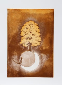 Faisán y árbol, aguafuerte surrealista de Hank Laventhol