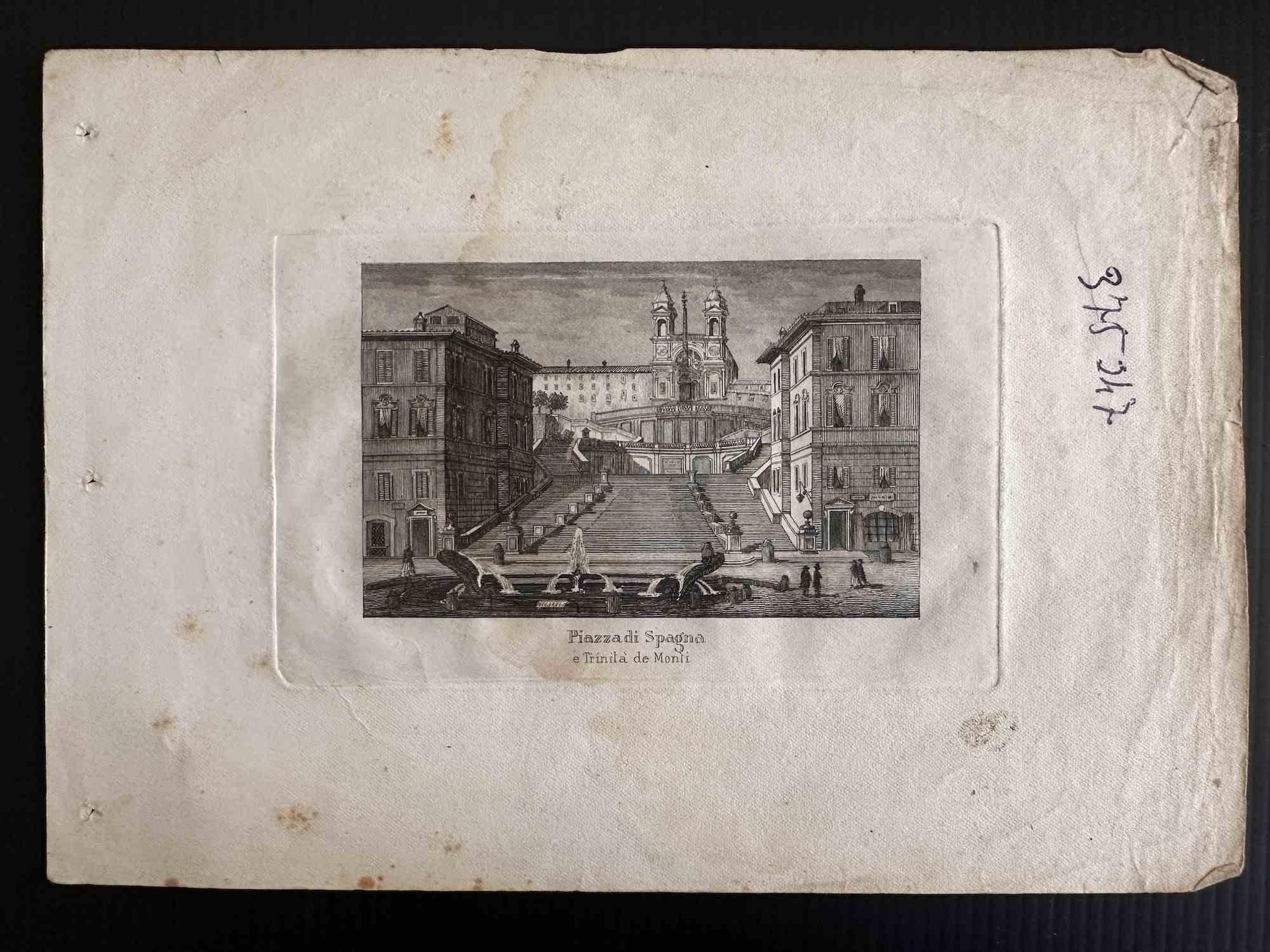 Unknown Landscape Print – Piazza di Spagna – Italien – Lithographie – Lithographie – spätes 19. Jahrhundert