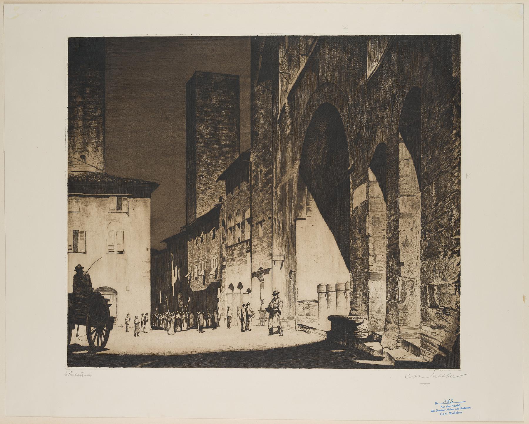 Piazza Duomo à San Gimignano, 2 Probedruck - Print de Carl August Walther