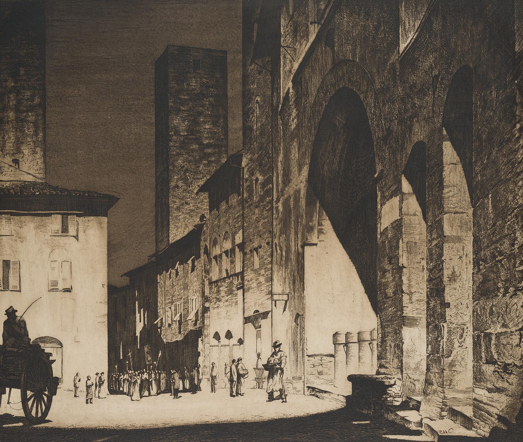 Carl August Walther Landscape Print - Piazza Duomo in San Gimignano, 2 Probedruck