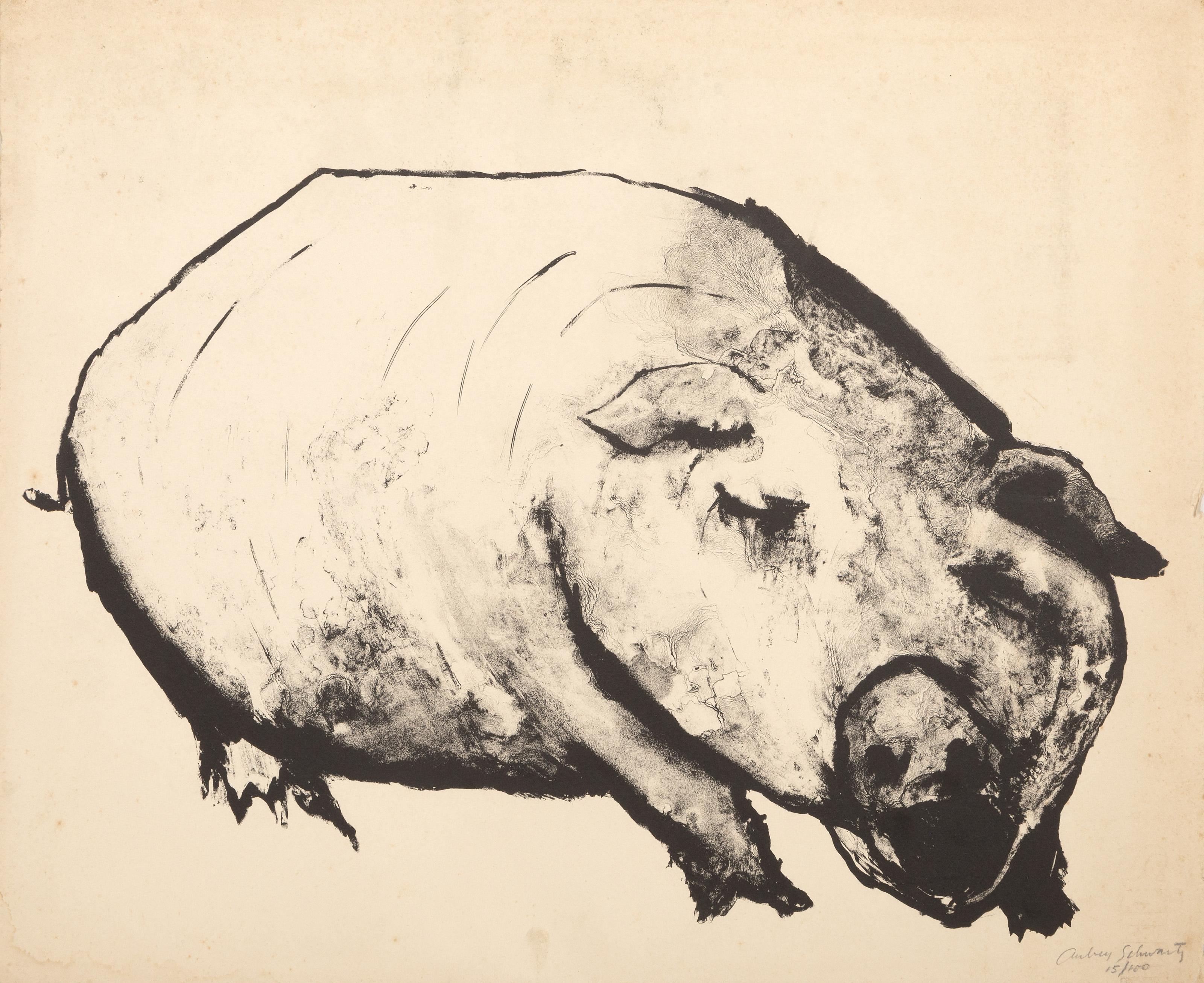 Cerdo, litografía surrealista de Aubrey Schwartz en venta 1