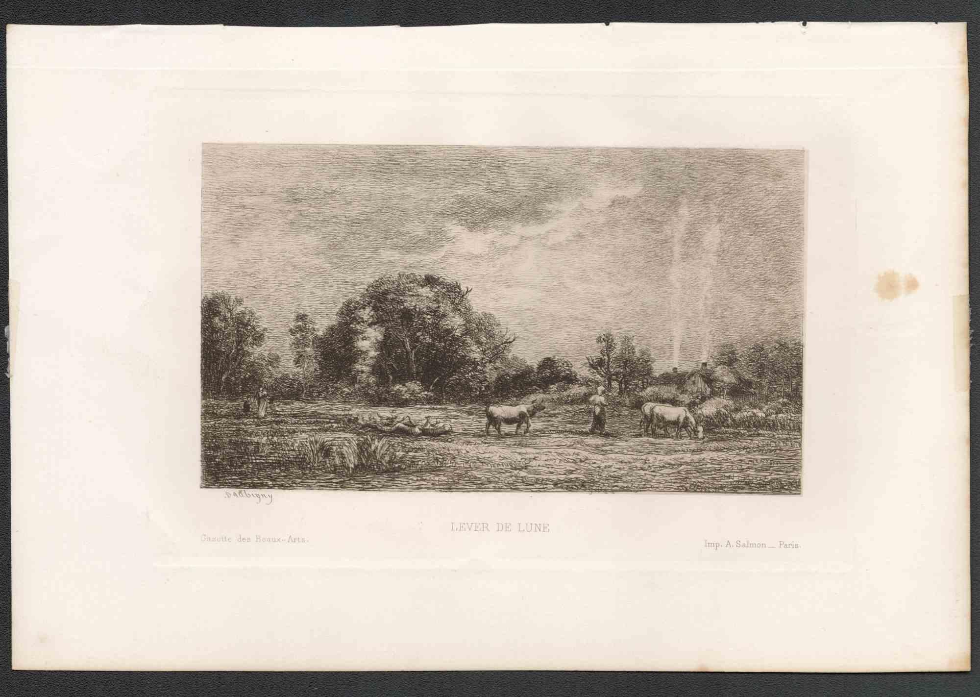 Place de Villerville' and 'Lever de Lune' - Etching - 19th Century - Modern Print by Unknown