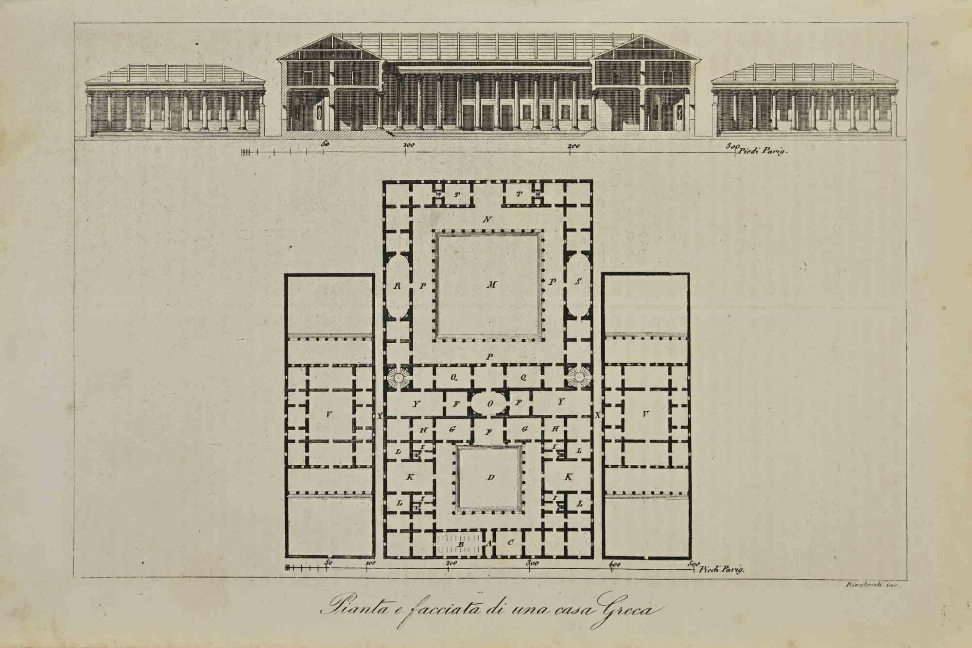 Unknown Figurative Print - Plan and Facade of a Greek House - Lithograph - 1862