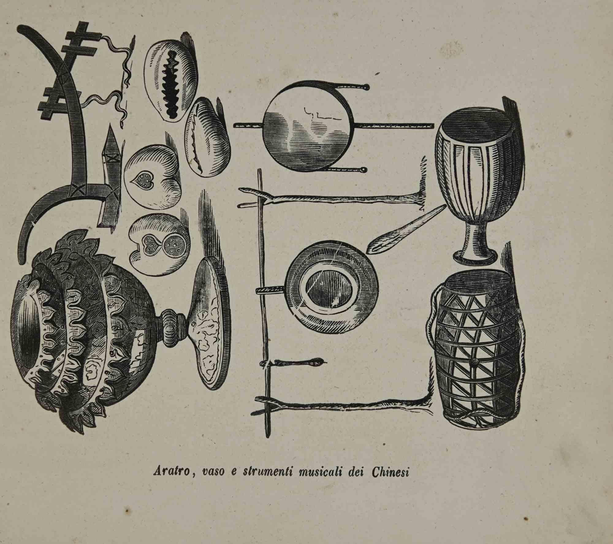 Unknown Figurative Print - Plow, Vase and tools of the Chinese - Costumes - Lithograph - 1862