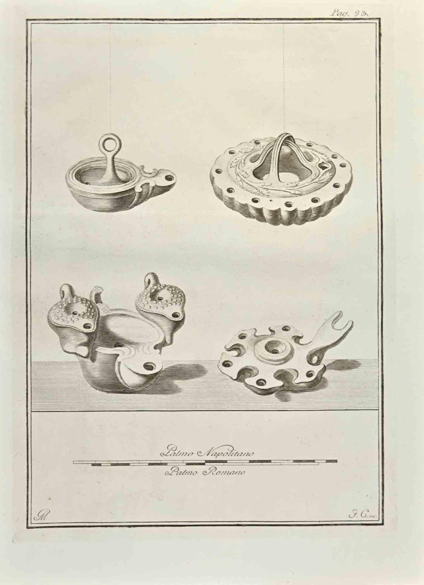 Unknown Figurative Print - Pompeian Style Oil Lamps - Etching - 18th Century