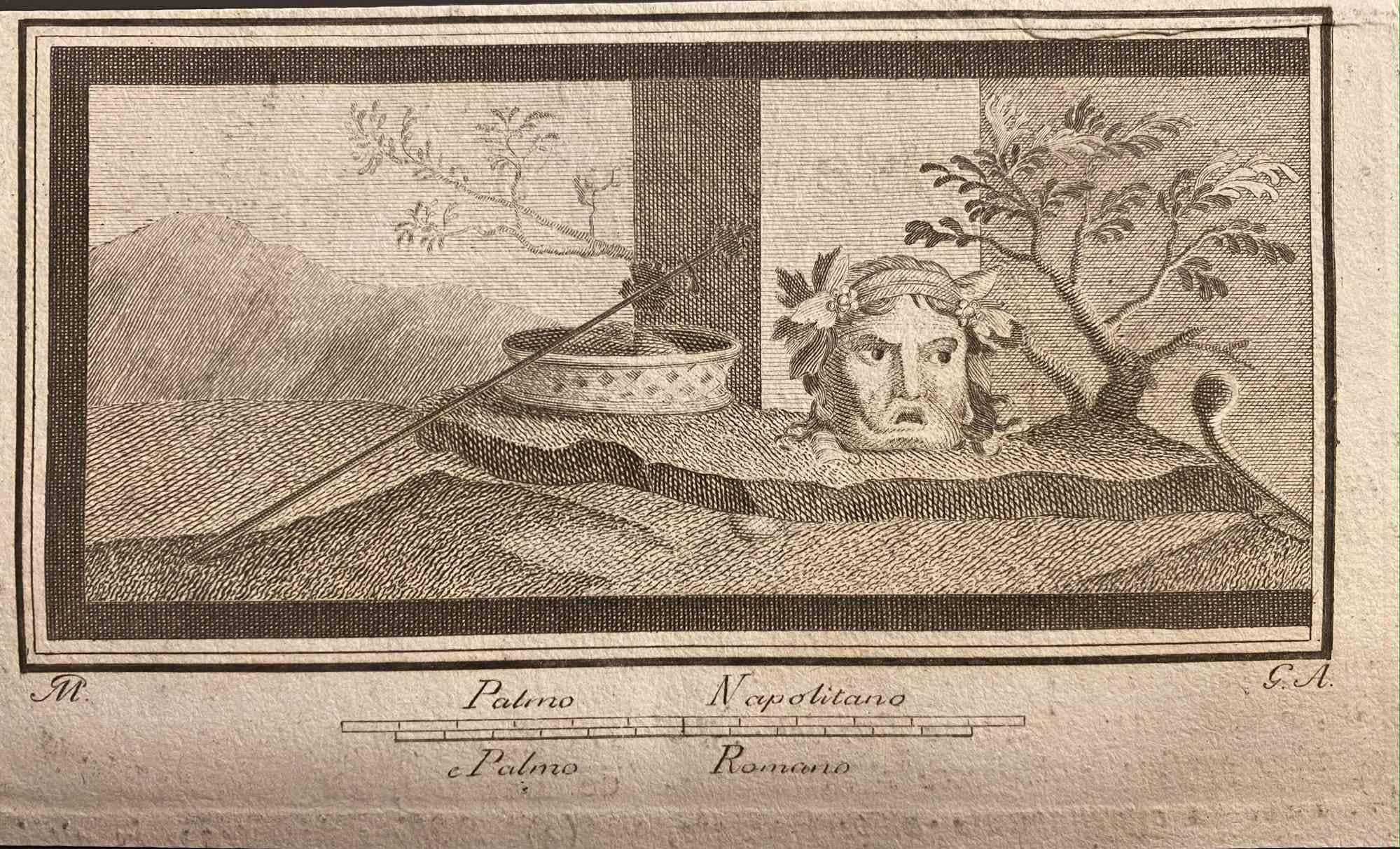 Figurative Print Unknown - Masques de tragédie de style pompéien - Gravure - 18ème siècle