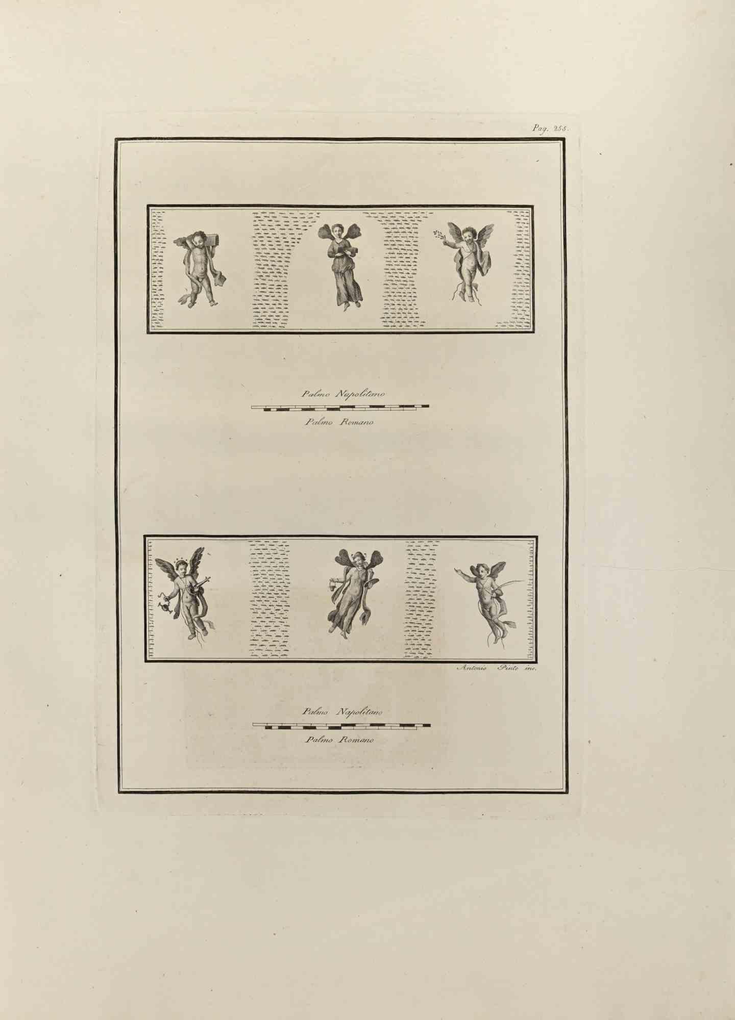 Unknown Figurative Print – Pompeji-Wandgemälde im pompejanischen Stil mit Amors – Radierung – 18. Jahrhundert