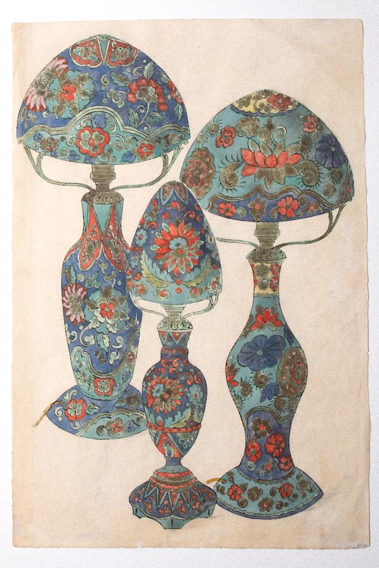 Figurative Print Unknown - Lampes en porcelaine - Aquarelle sur papier - 1880 environ