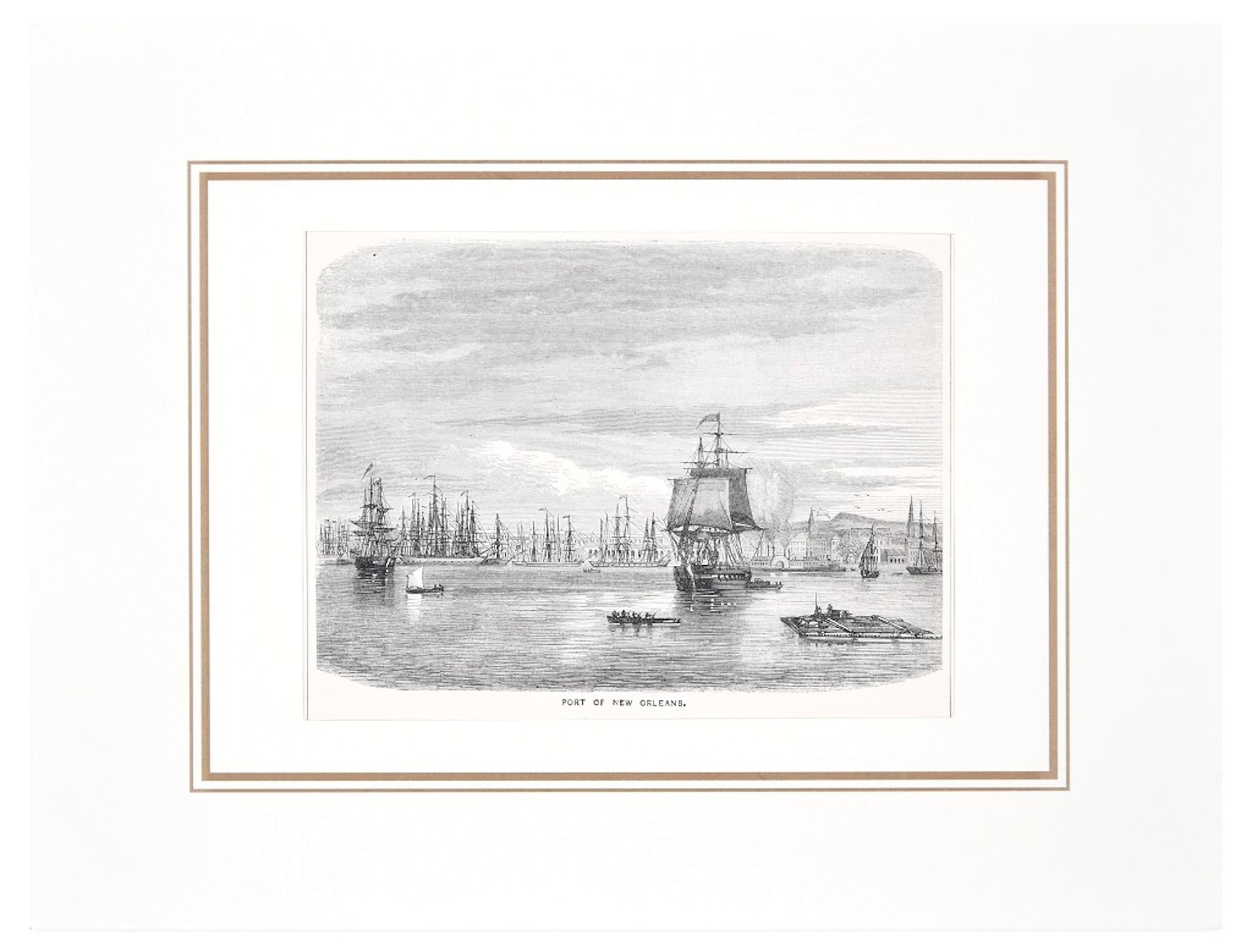 Hafen von New Orleans  Original-Holzschnittdruck – 1870 – Print von Unknown