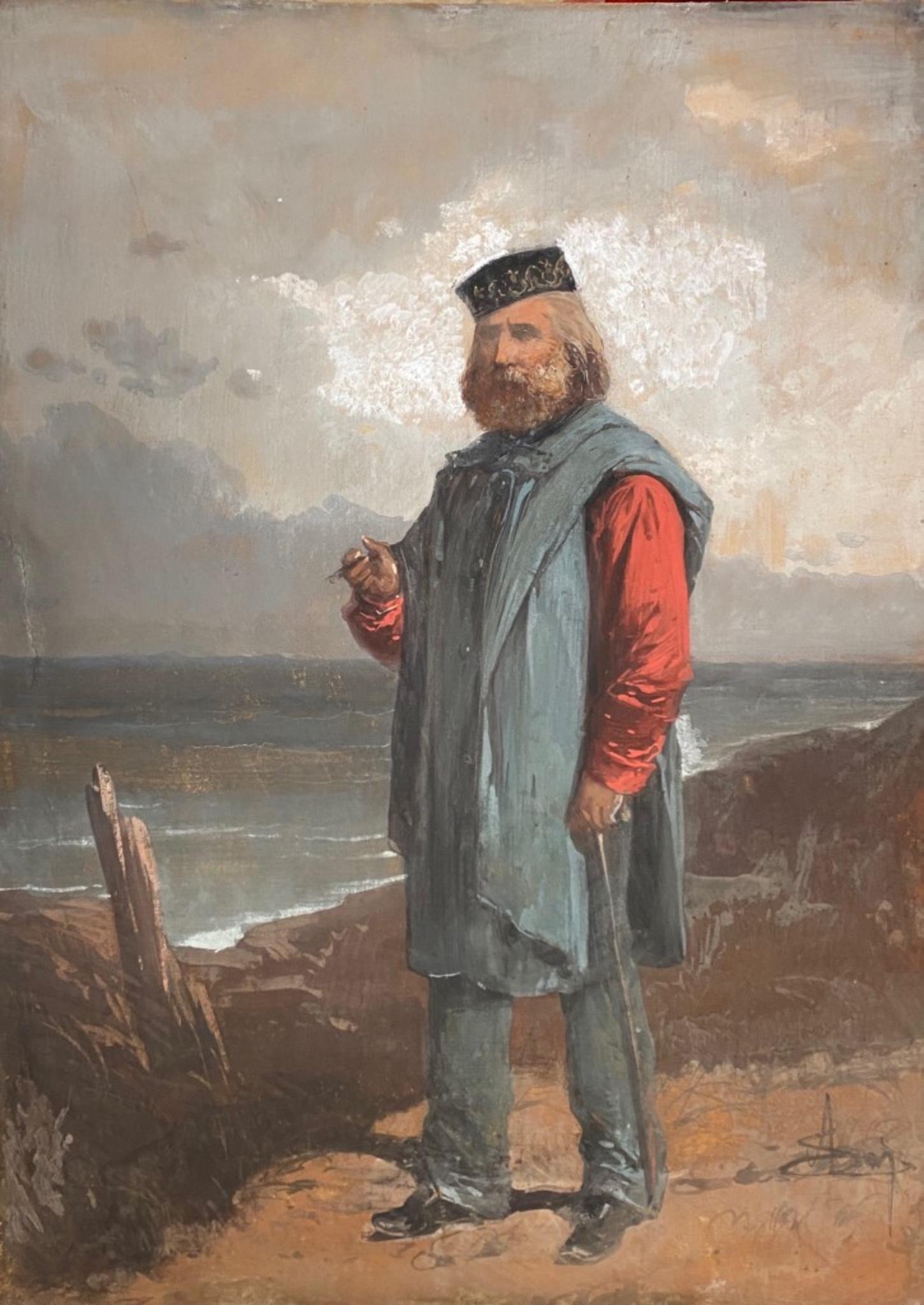 Unknown Portrait Print - Portrait of Giuseppe Garibaldi in front of the Sea - Gouache - 19th Century