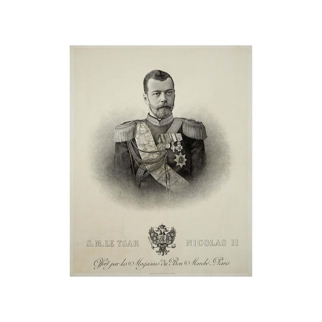 This dignified lithographic portrait of His Imperial Majesty Tsar Nicholas II stands as a visual tribute to the last Emperor of Russia, created during the final years of Europe’s great monarchies. Issued by Les Magasins du Bon Marché in Paris—then