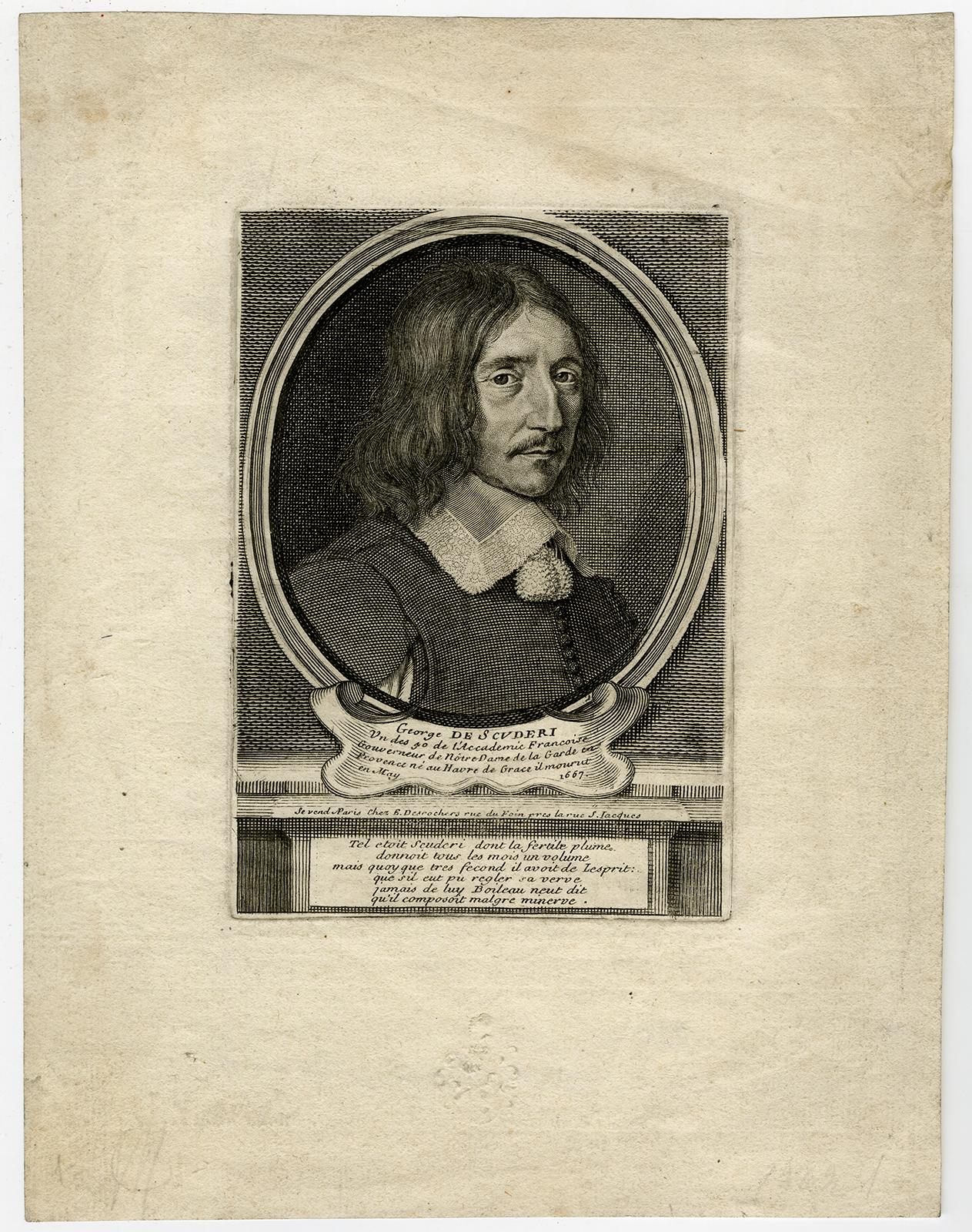 Unknown Print - Portrait of the novellist and poet George de Scudery. - Engraving - 18th Century