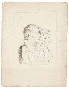 Portrait of Three Men - Original Etching - 19th Century