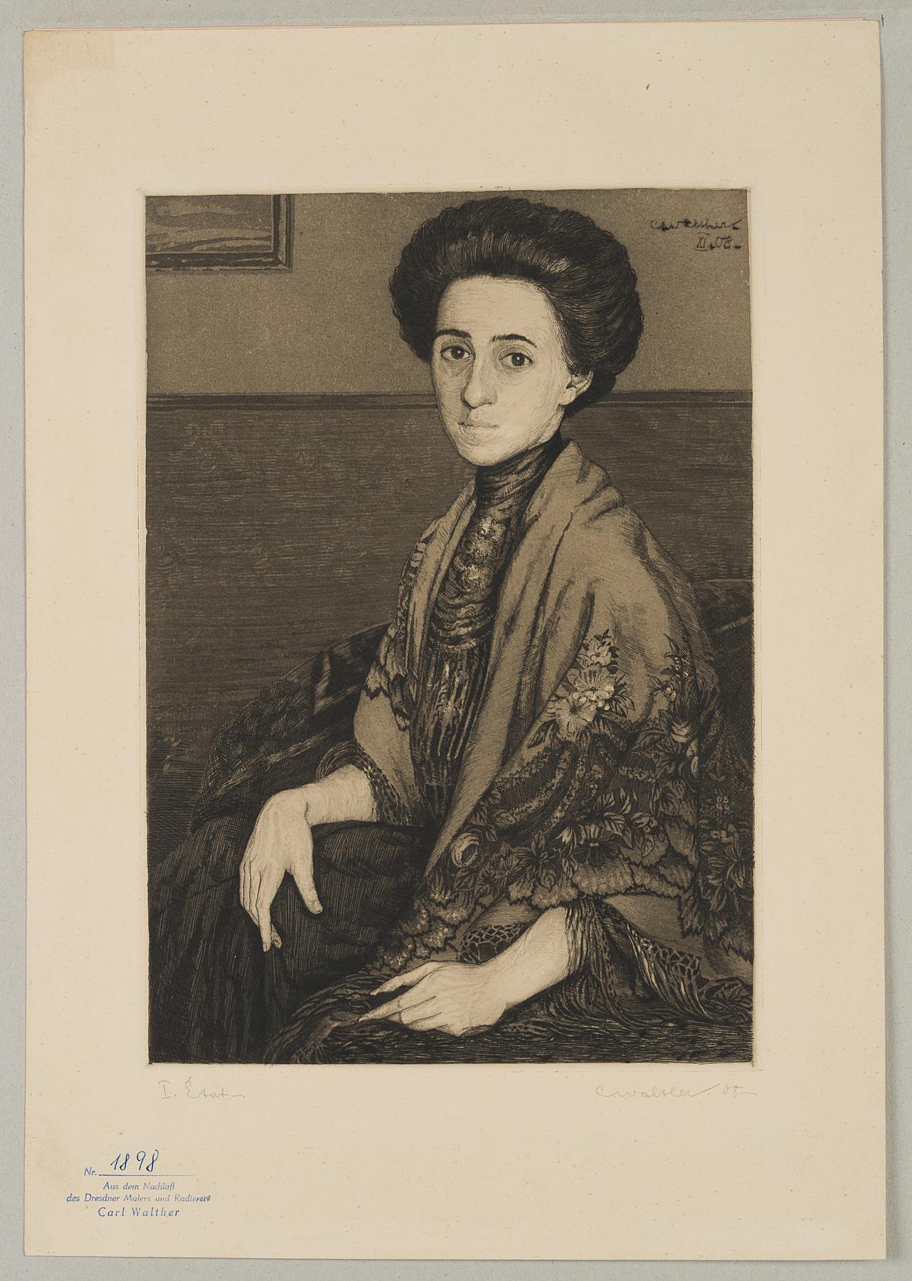 Portrait of Vera, The Artist's Wife, proof print - Print by Carl August Walther