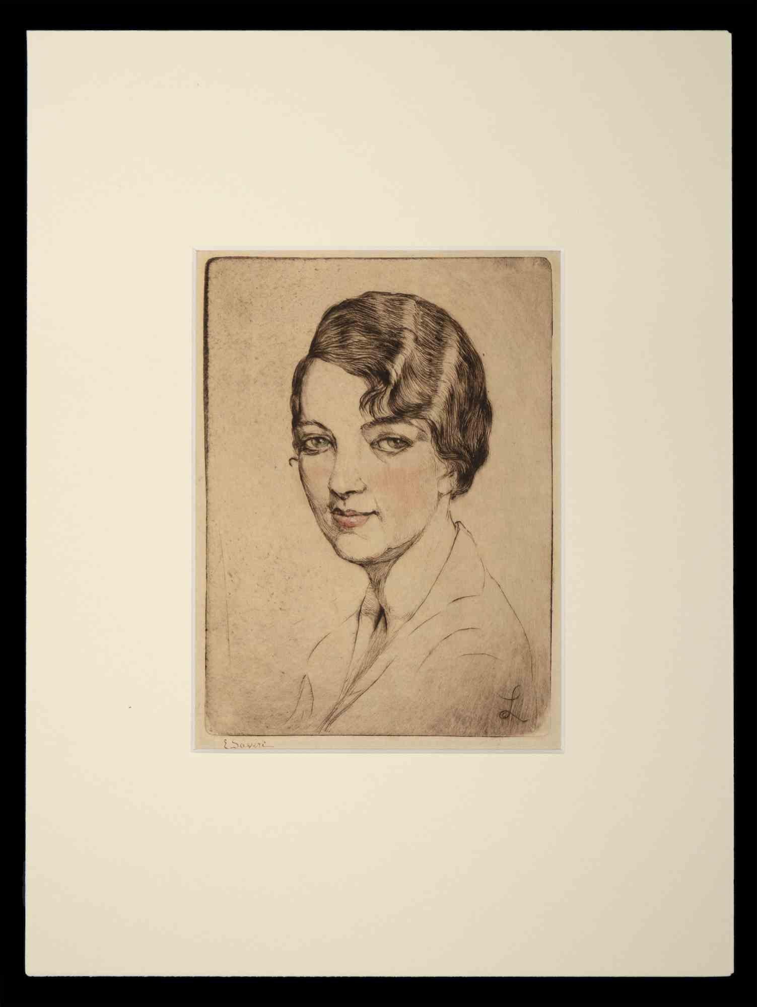 Unknown Figurative Print - Portrait of Woman - Original Etching - Mid-20th Century
