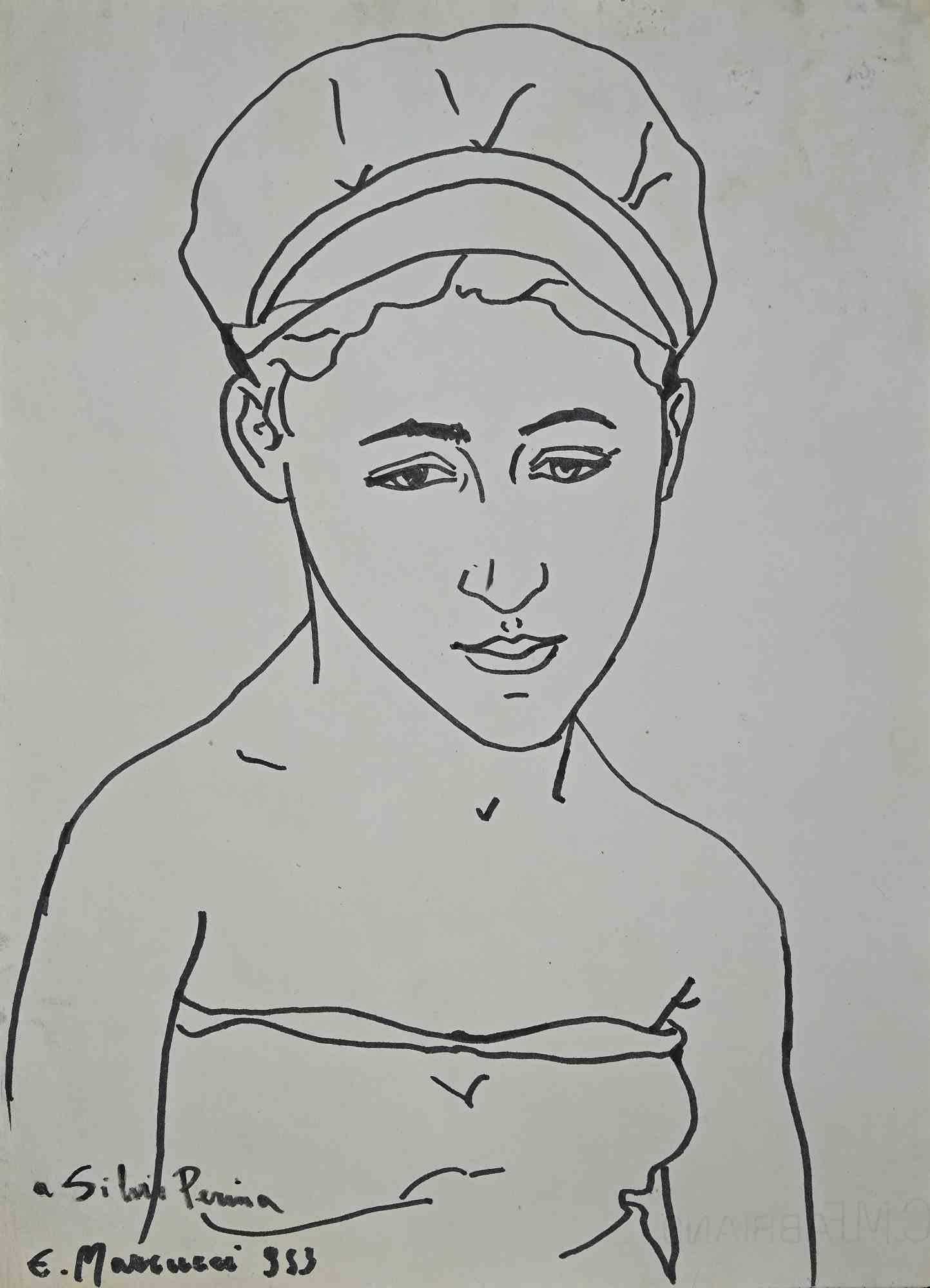 Unknown Portrait Print - Portrait of Young Woman - Original Drawing - 1953