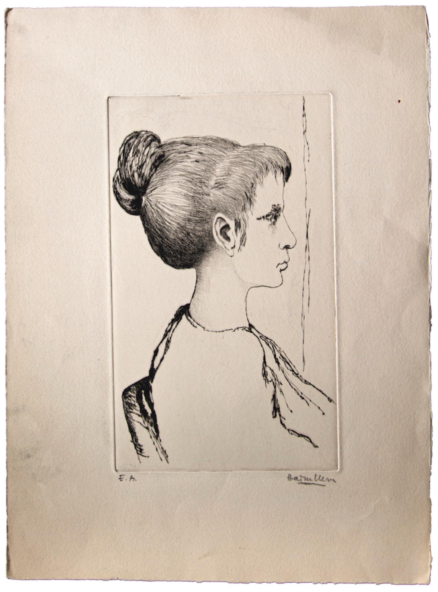 Unknown Figurative Print - Portrait - Original Etching - Mid-20th Century