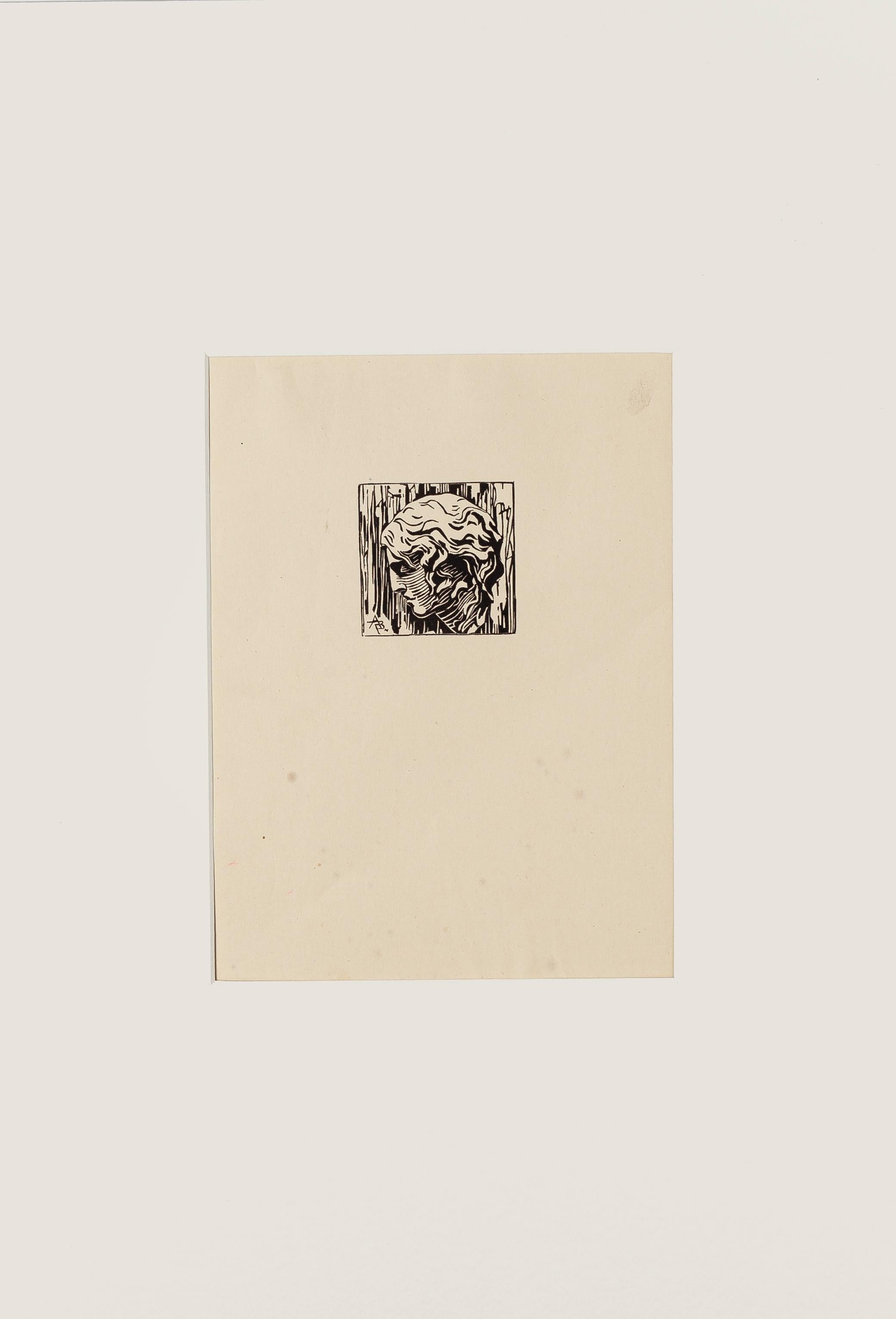 Portrait - Gravure sur bois originale - Milieu du XXe siècle - Print de Unknown