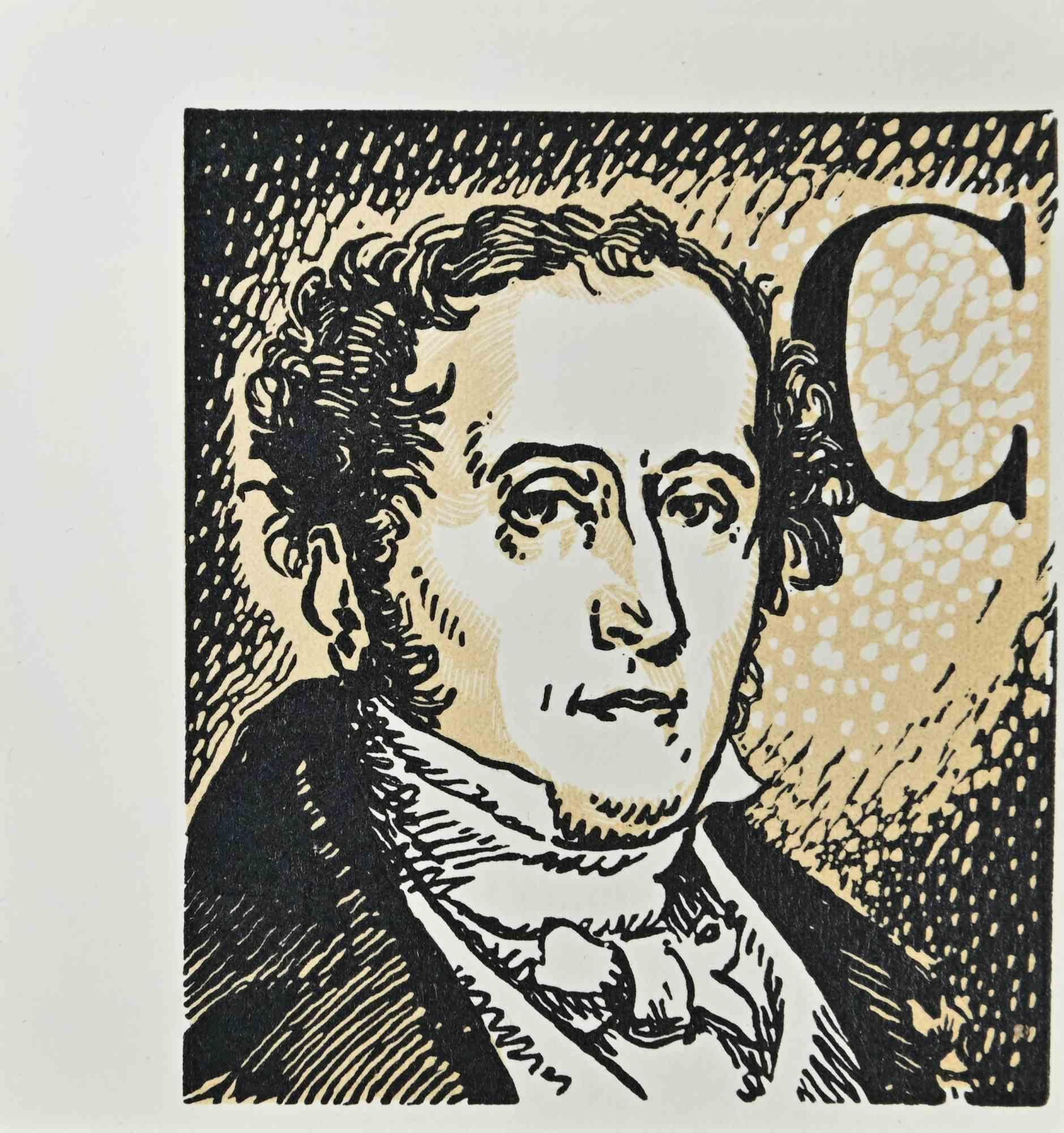 Porträt  -  Holzschnitt-Druck – frühes 20. Jahrhundert