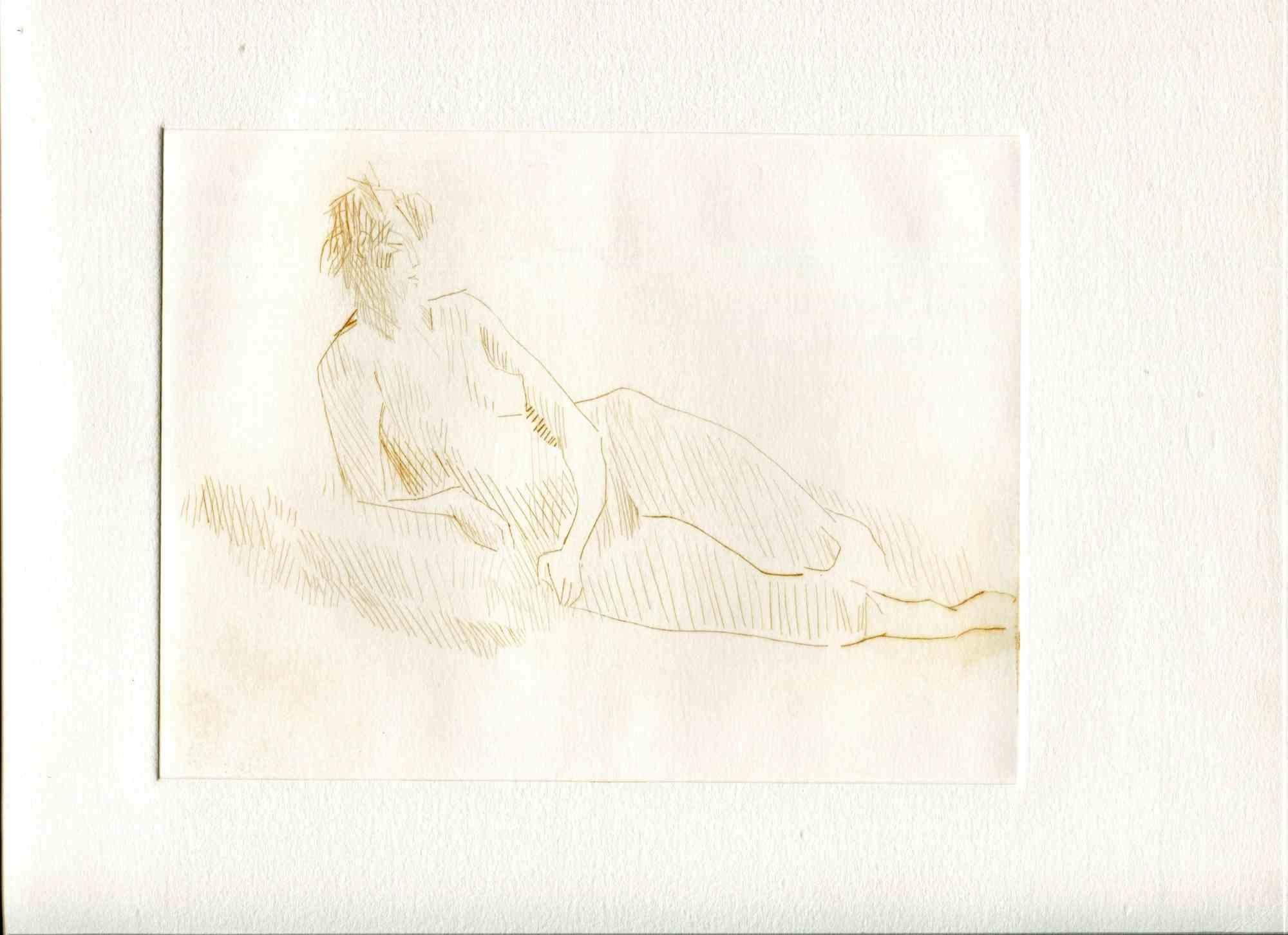 Unknown Figurative Print - Posing Nude - Original Etching and Drypoint - Mid-20th Century