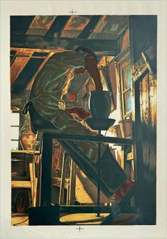 Seated Potter at the Wheel Lithograph, Realist Style, Circa 1975
