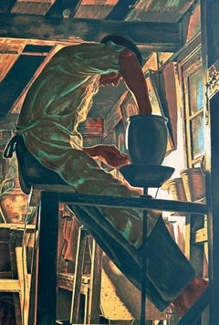 POTTER AT THE WHEEL Hand Drawn Lithograph, Trial Proof, Realist Portrait